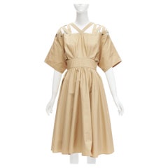 THIERRY MUGLER Vintage-Kleid aus khakifarbener Baumwolle mit quadratischen Nieten an der Schulter IT9A3 S