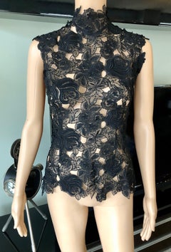 Thierry Mugler Vintage Lace Mock Neck Black Blouse Top