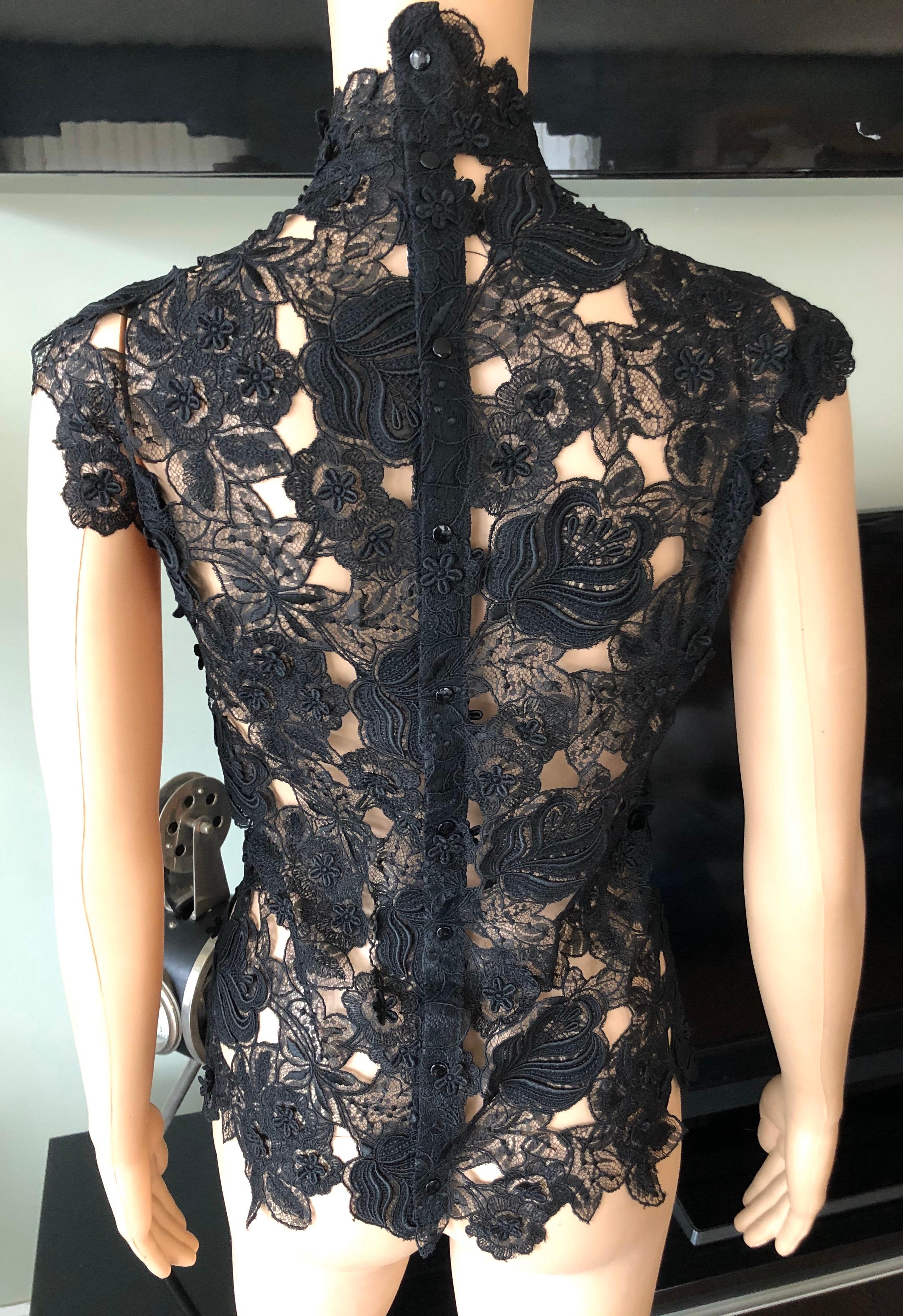 Thierry Mugler Vintage Lace Mock Neck Black Blouse Top In Good Condition In Naples, FL