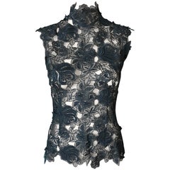 Thierry Mugler Vintage Lace Mock Neck Black Blouse Top