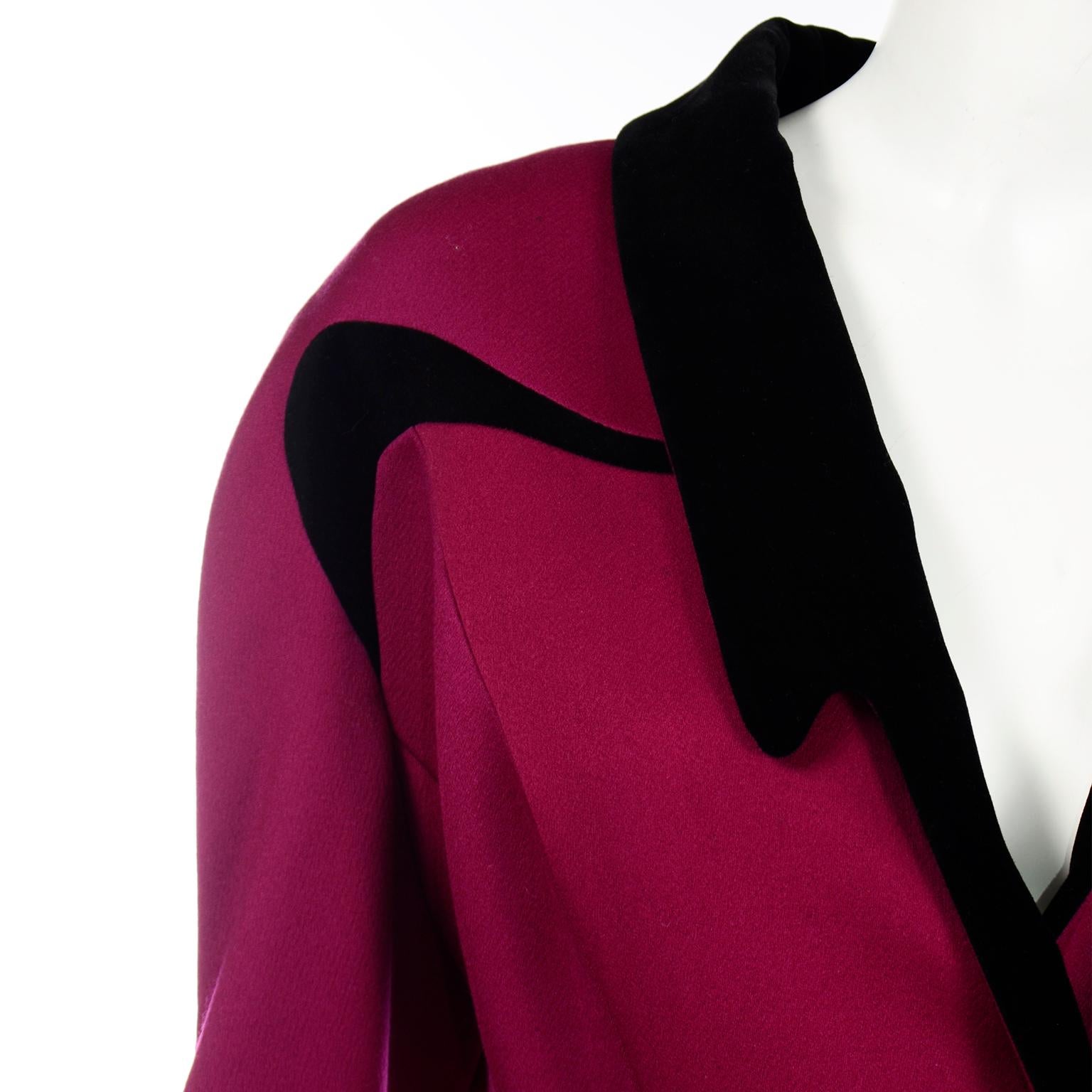 Thierry Mugler Vintage Magenta Wool & Angora Princess Coat w Black Velvet Trim 3