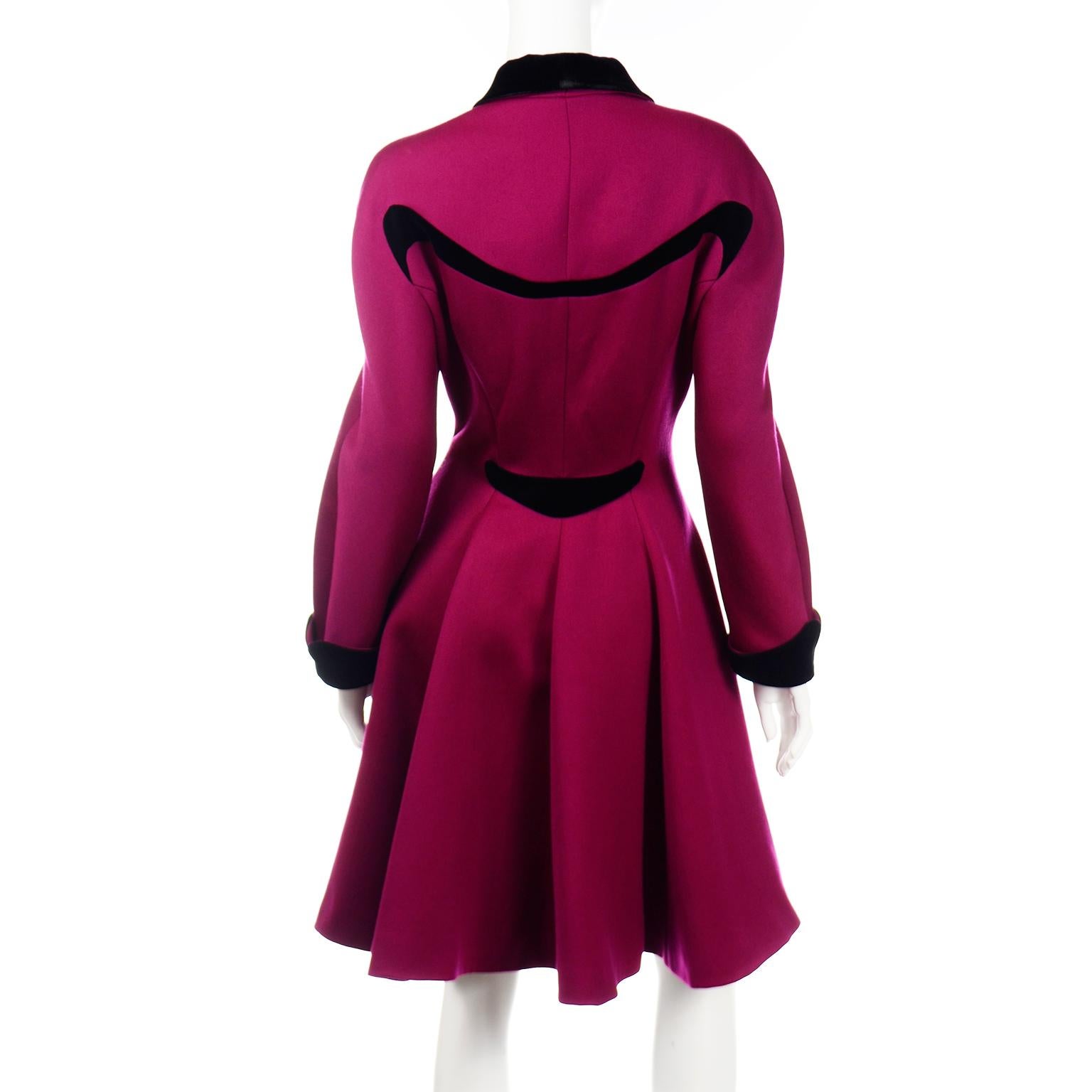 Pink Thierry Mugler Vintage Magenta Wool & Angora Princess Coat w Black Velvet Trim