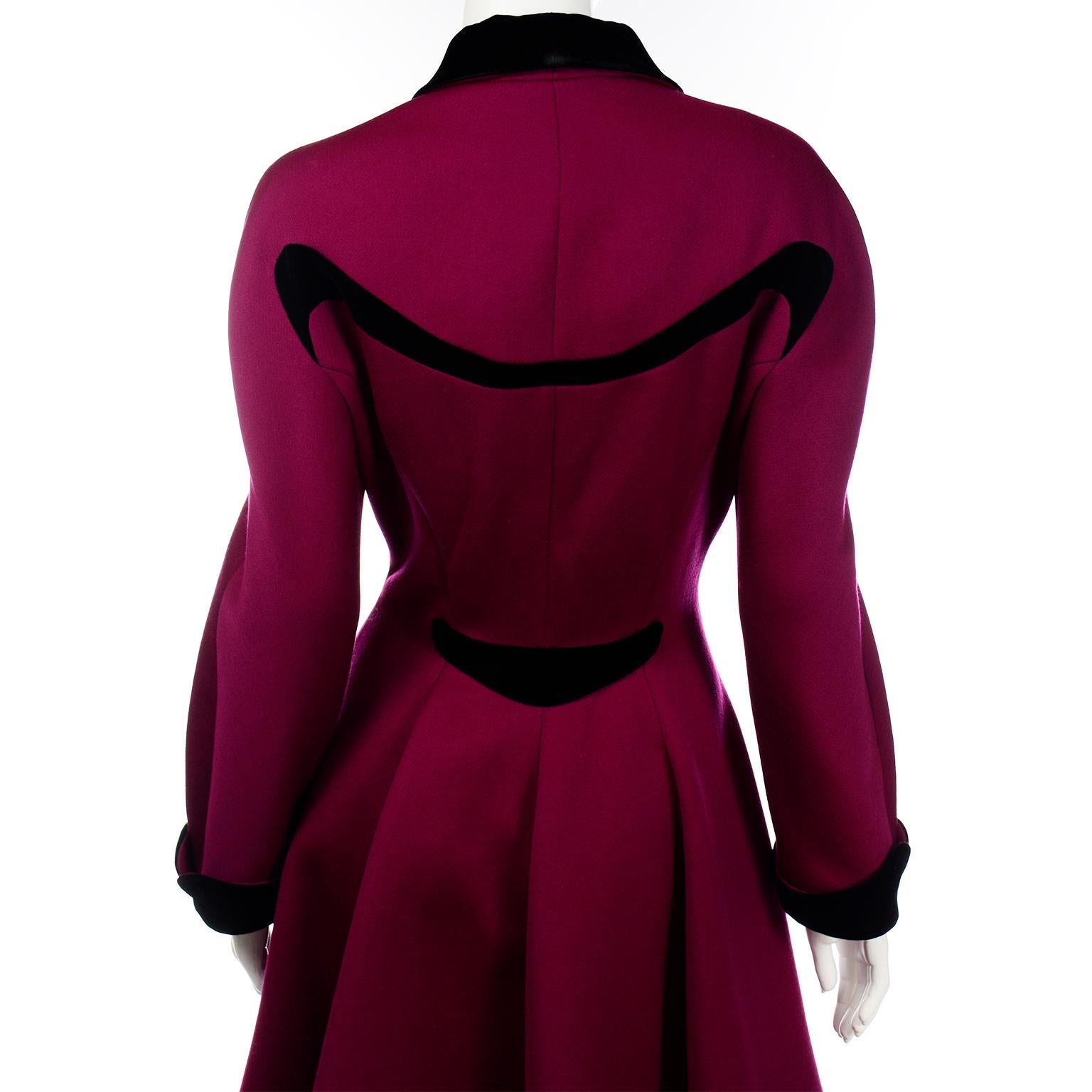 Thierry Mugler Vintage Magenta Wool & Angora Princess Coat w Black Velvet Trim In Good Condition In Portland, OR