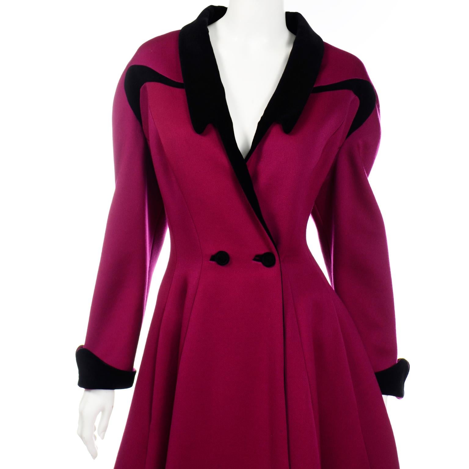Women's Thierry Mugler Vintage Magenta Wool & Angora Princess Coat w Black Velvet Trim