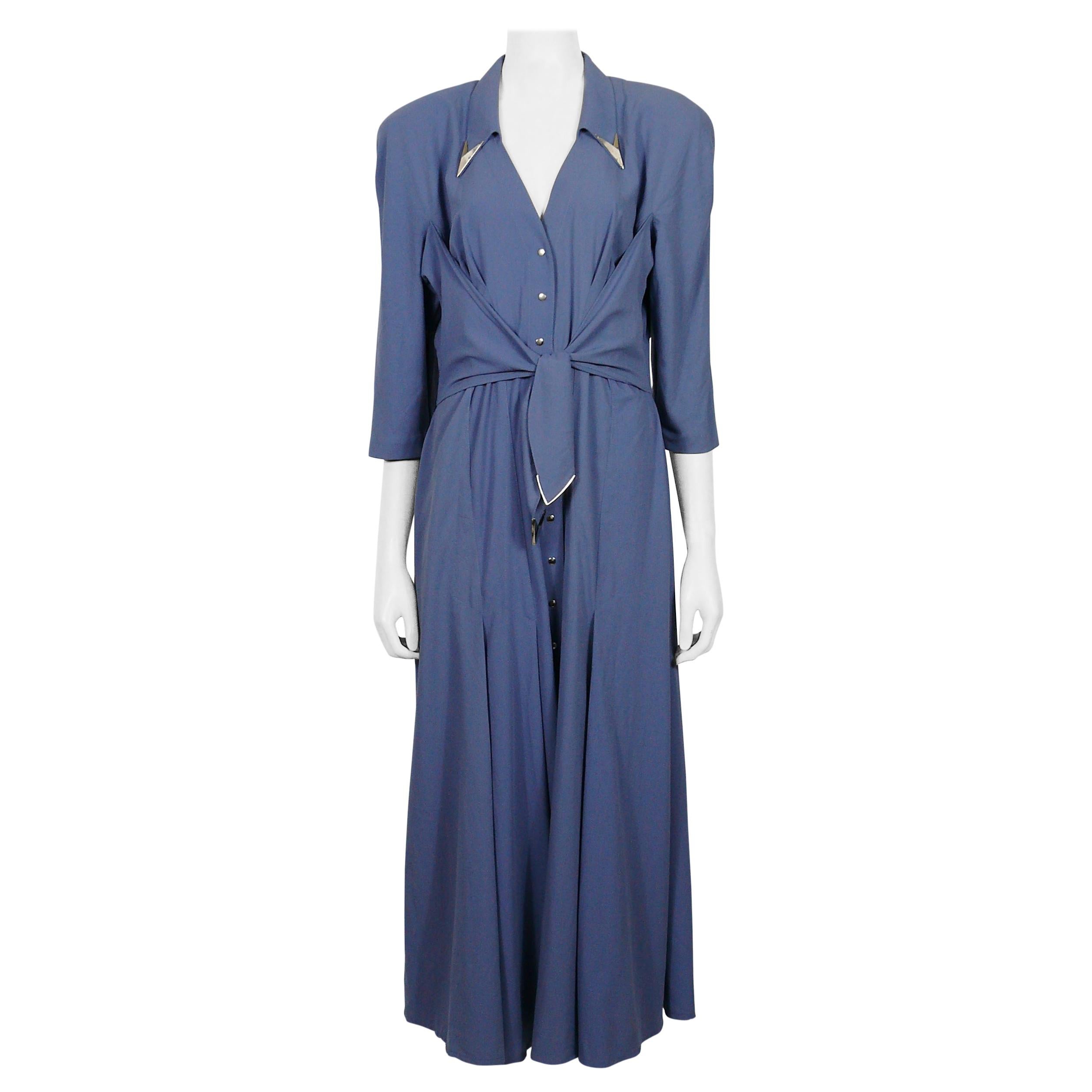 Thierry Mugler Vintage Metal Appliques Blue Maxi Flowing Dress