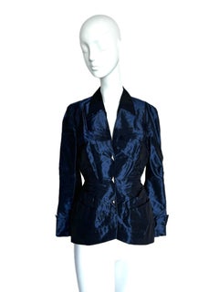 THIERRY MUGLER Vintage Navy Blue Shiny Blazer Jacket Corset Like