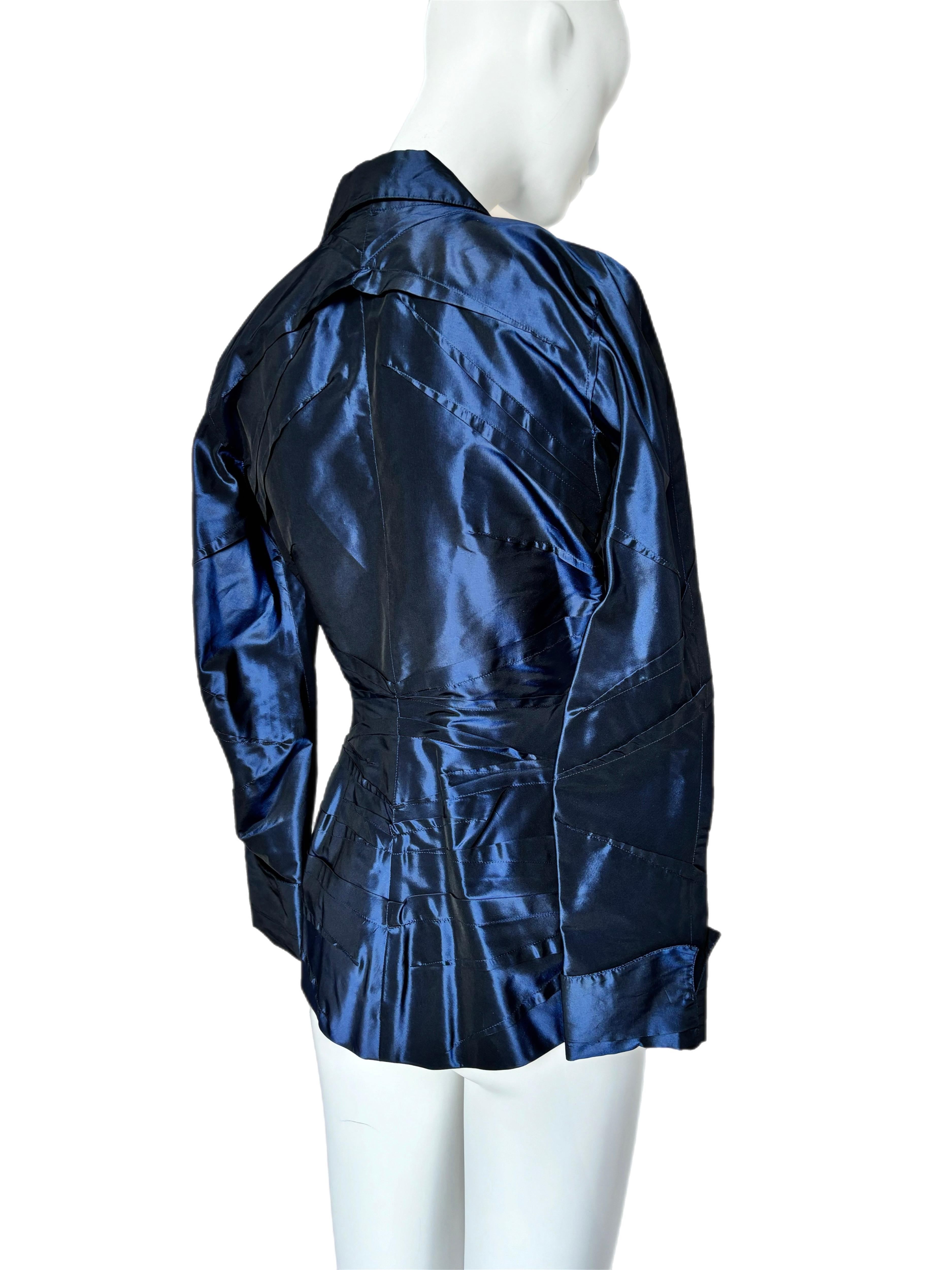 Black THIERRY MUGLER Vintage Navy Blue Shiny Blazer Jacket Corset Like For Sale