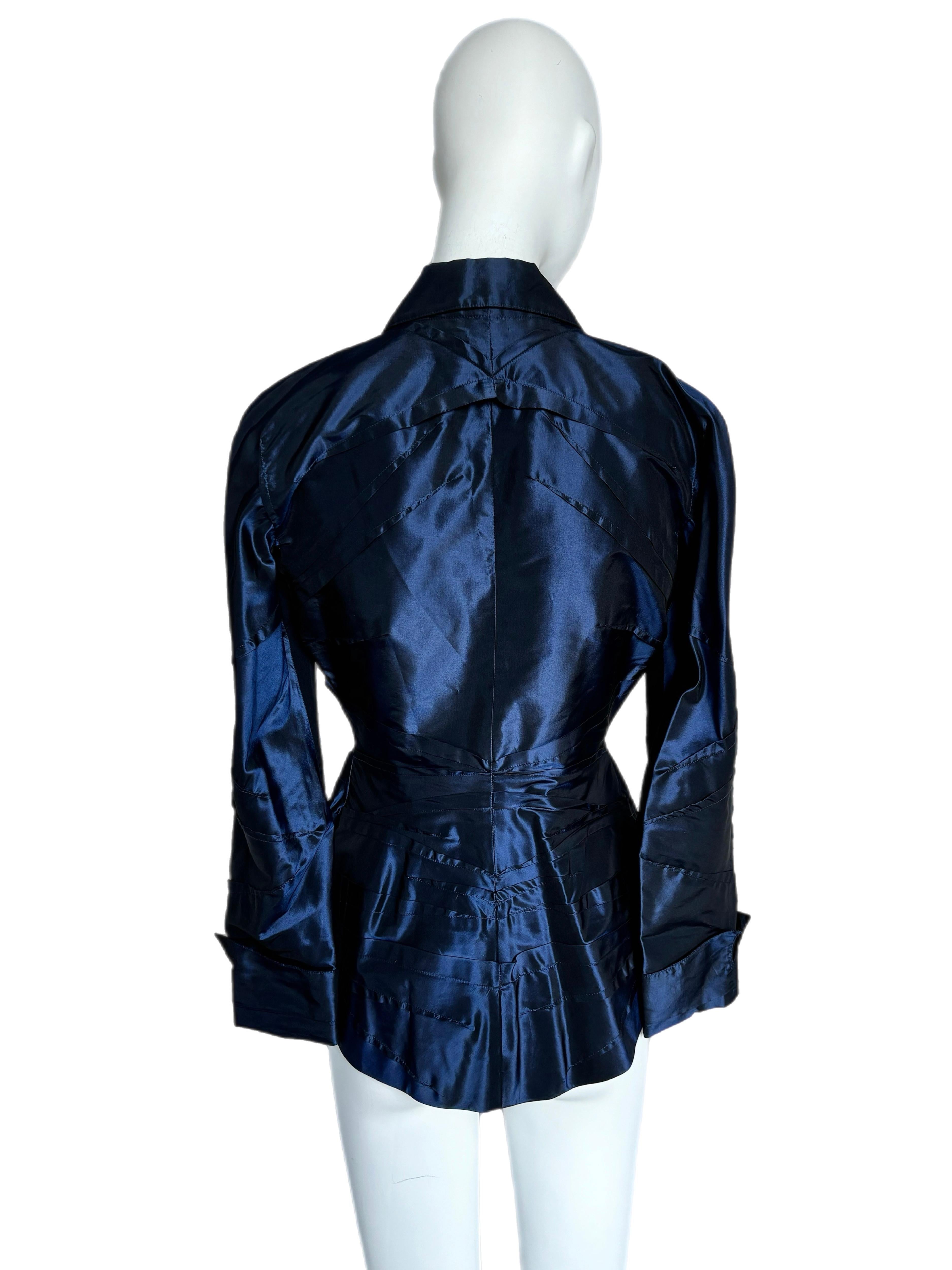 THIERRY MUGLER Vintage Navy Blue Shiny Blazer Jacket Corset Like In Excellent Condition For Sale In Leonardo, NJ