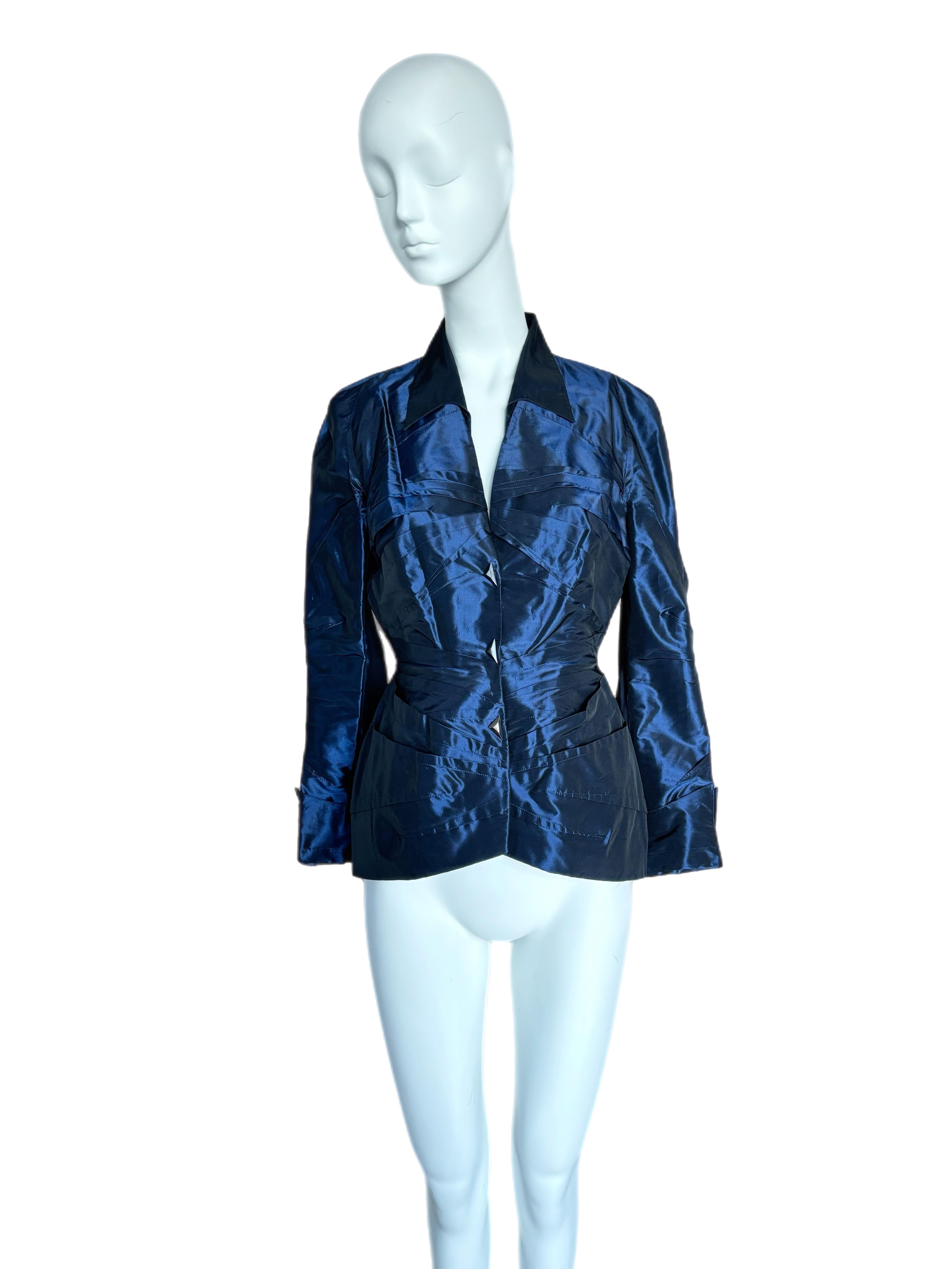 Women's THIERRY MUGLER Vintage Navy Blue Shiny Blazer Jacket Corset Like For Sale