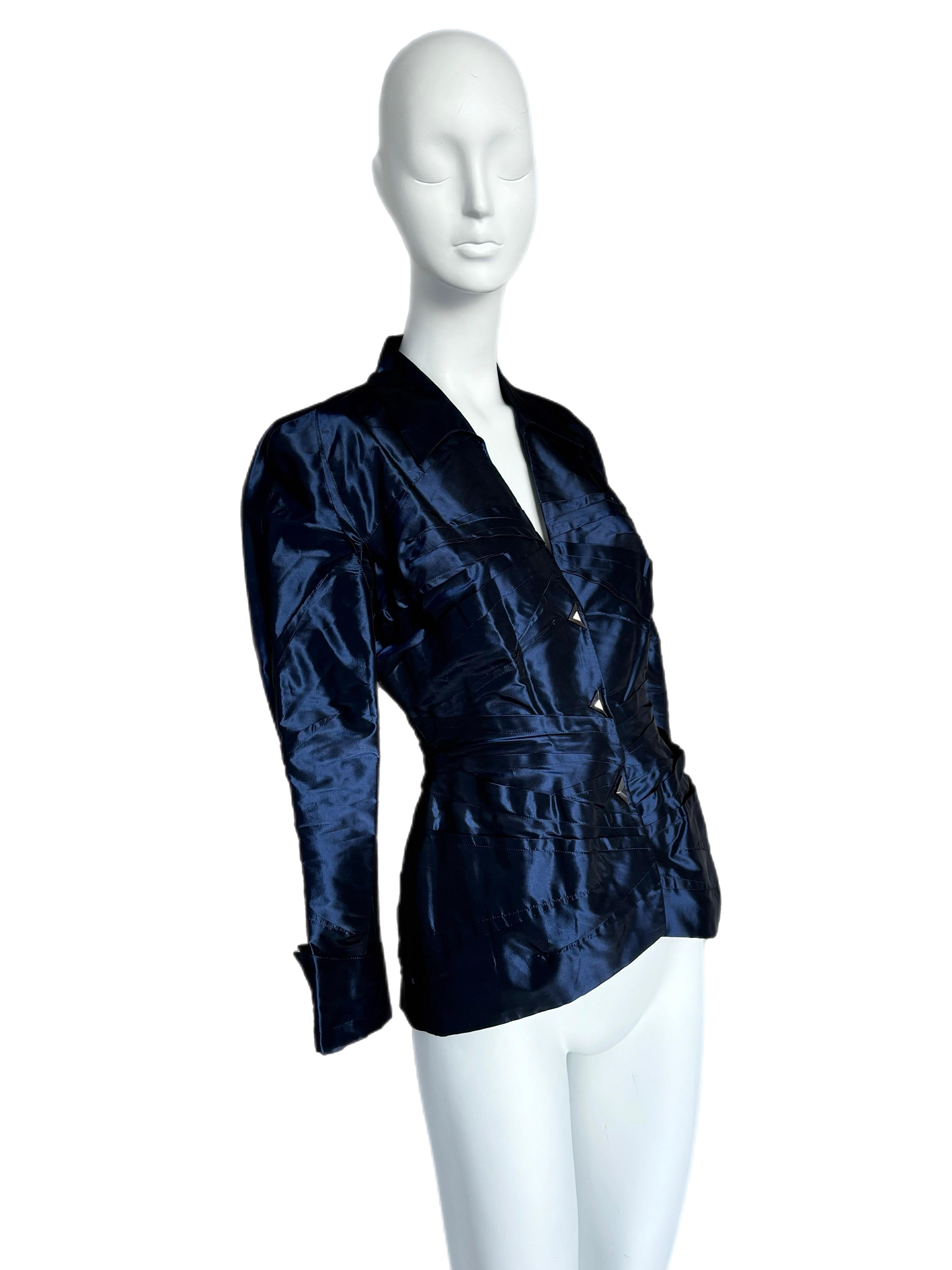 THIERRY MUGLER Vintage Navy Blue Shiny Blazer Jacket Corset Like For Sale 2