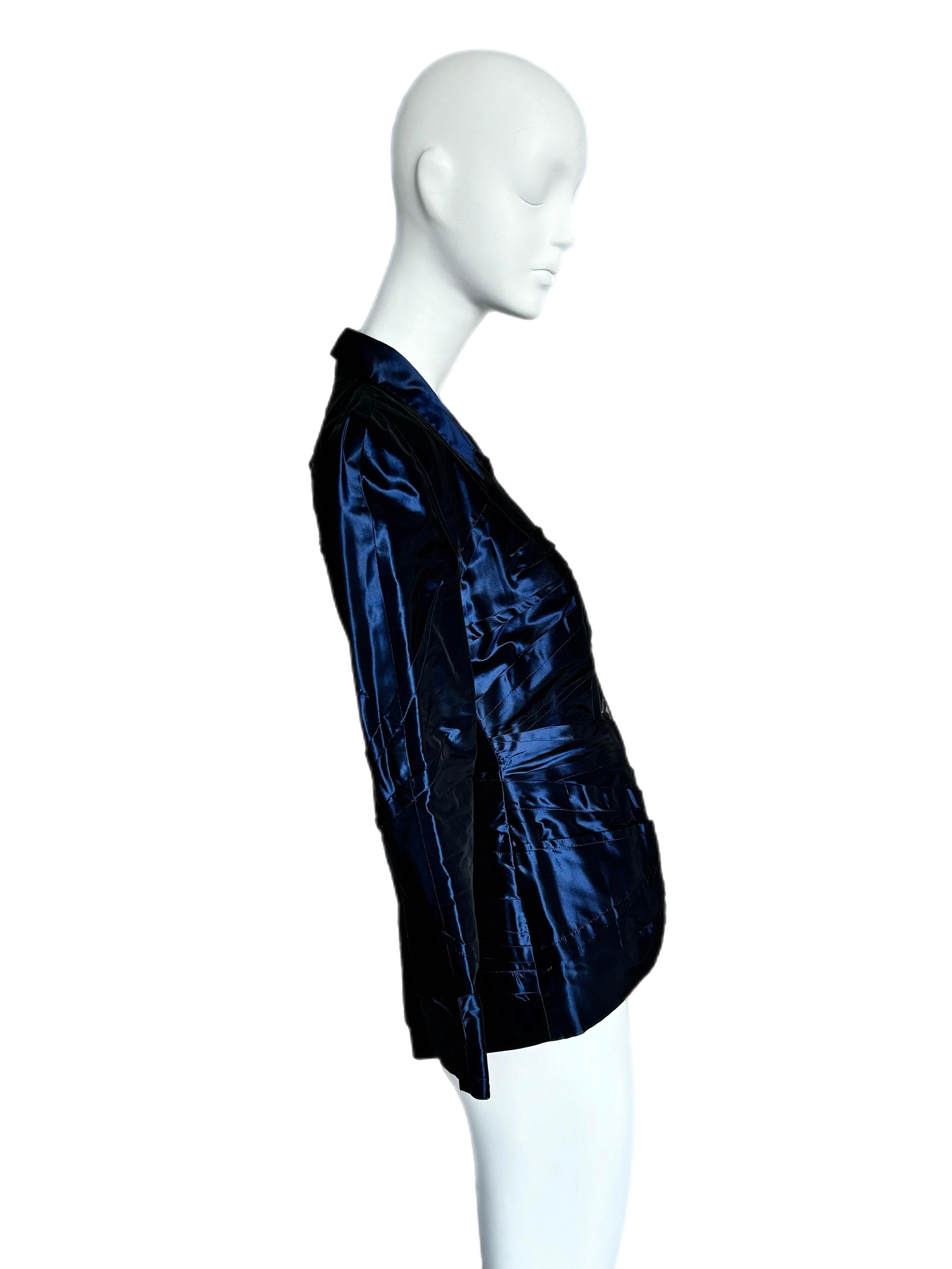 THIERRY MUGLER Vintage Navy Blue Shiny Blazer Jacket Corset Like For Sale 3