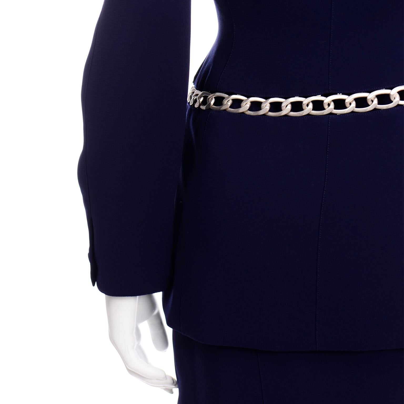 Thierry Mugler Vintage Navy Blue Skirt & Jacket Suit With Chain Detail 1
