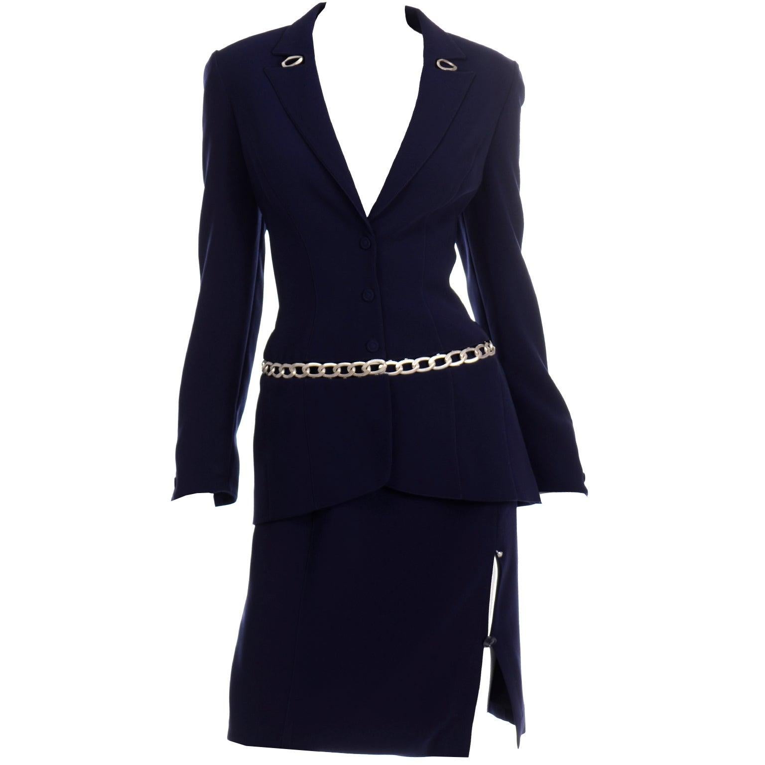 Thierry Mugler Vintage Navy Blue Skirt & Jacket Suit With Chain Detail