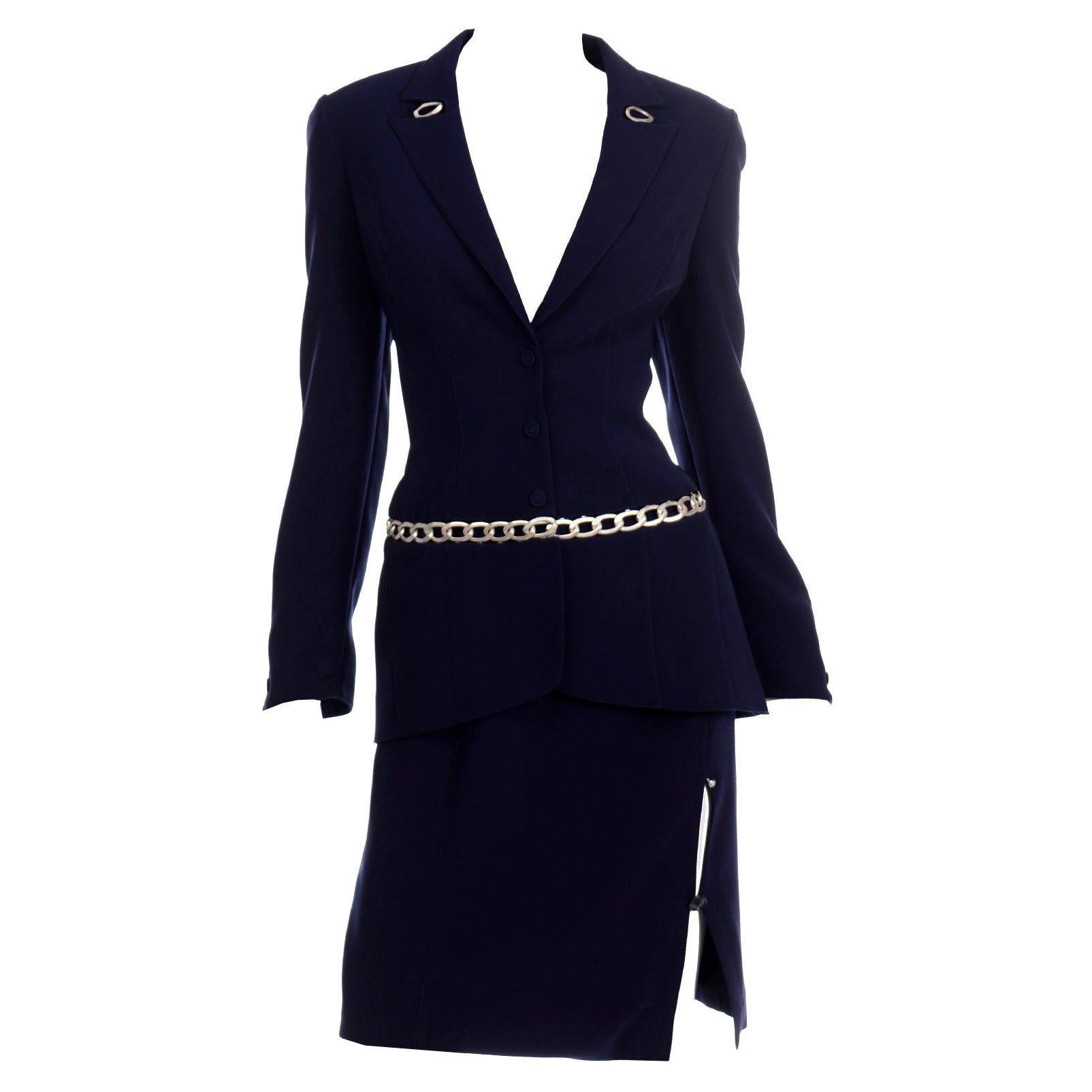 Thierry Mugler Vintage Marineblauer Anzug mit Rock & Jacke, mit Kettendetail