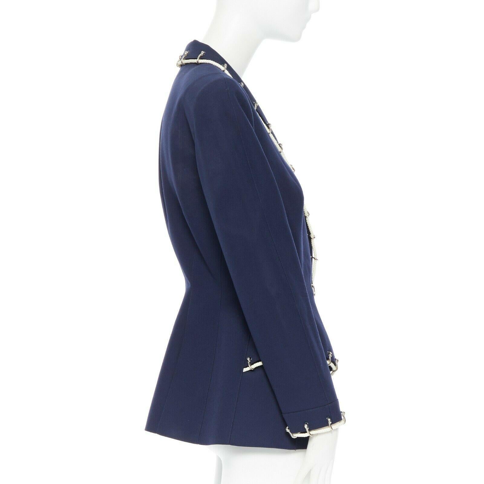Black THIERRY MUGLER vintage navy blue wool rope chain shoulder pad peplum jacket FR42