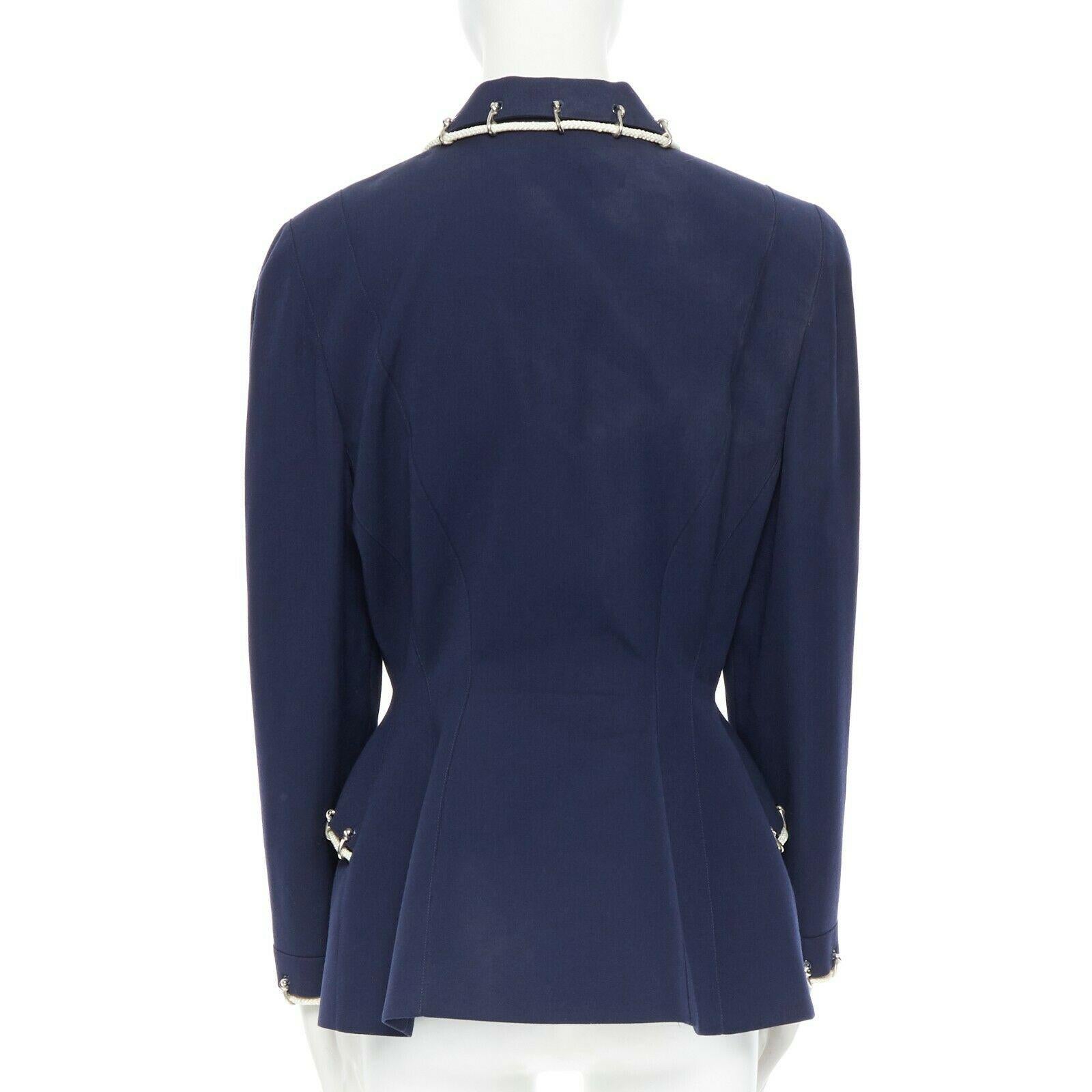 THIERRY MUGLER vintage navy blue wool rope chain shoulder pad peplum jacket FR42 In Good Condition In Hong Kong, NT