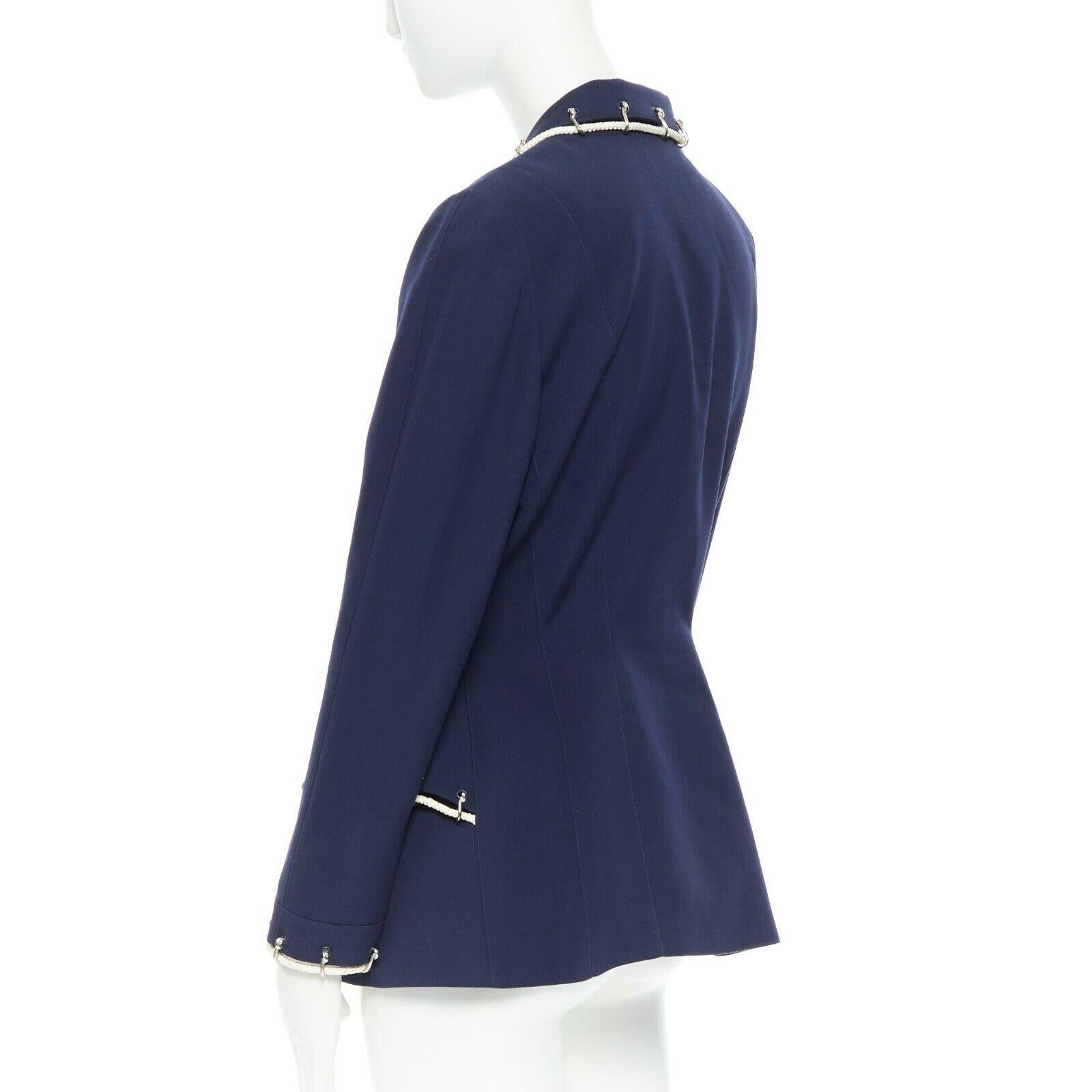 Women's THIERRY MUGLER vintage navy blue wool rope chain shoulder pad peplum jacket FR42
