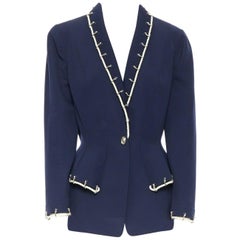 THIERRY MUGLER veste péplum vintage bleu marine en laine avec chaîne en corde et épaulettes FR42