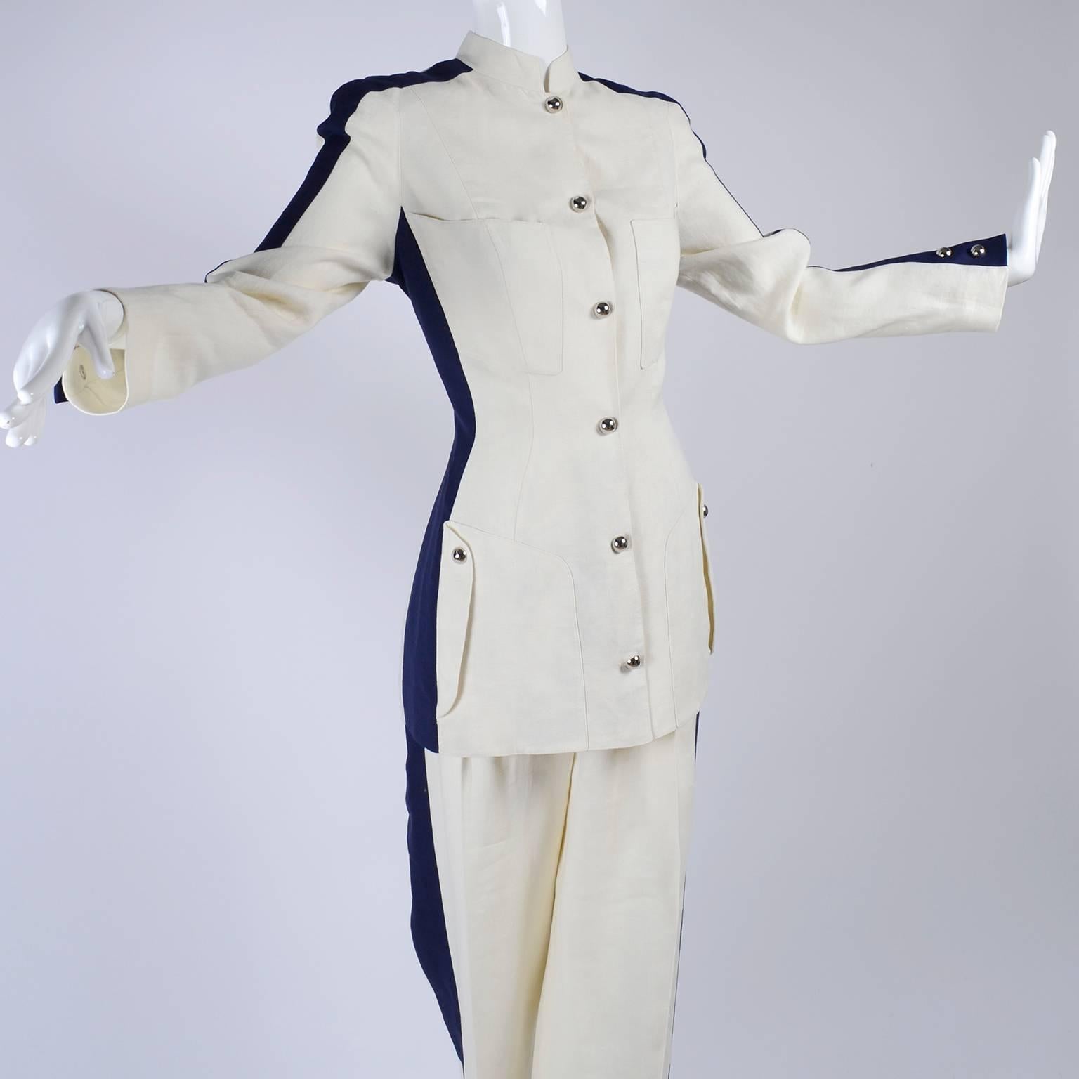 Women's Thierry Mugler Vintage Pants Suit W Side Stripes Jacket & High Waist Trousers