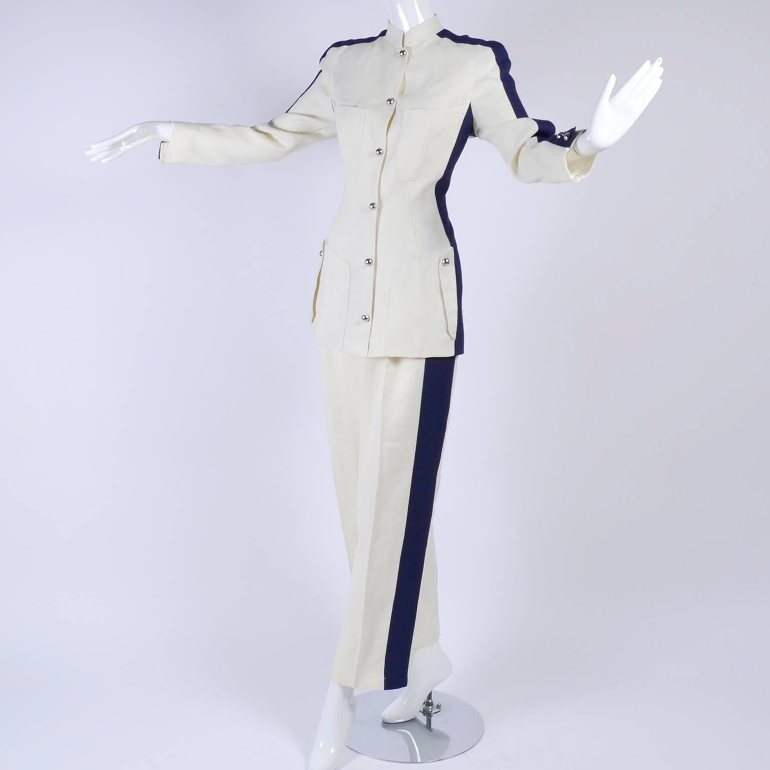Gray Thierry Mugler Vintage Pants Suit W Side Stripes Jacket & High Waist Trousers