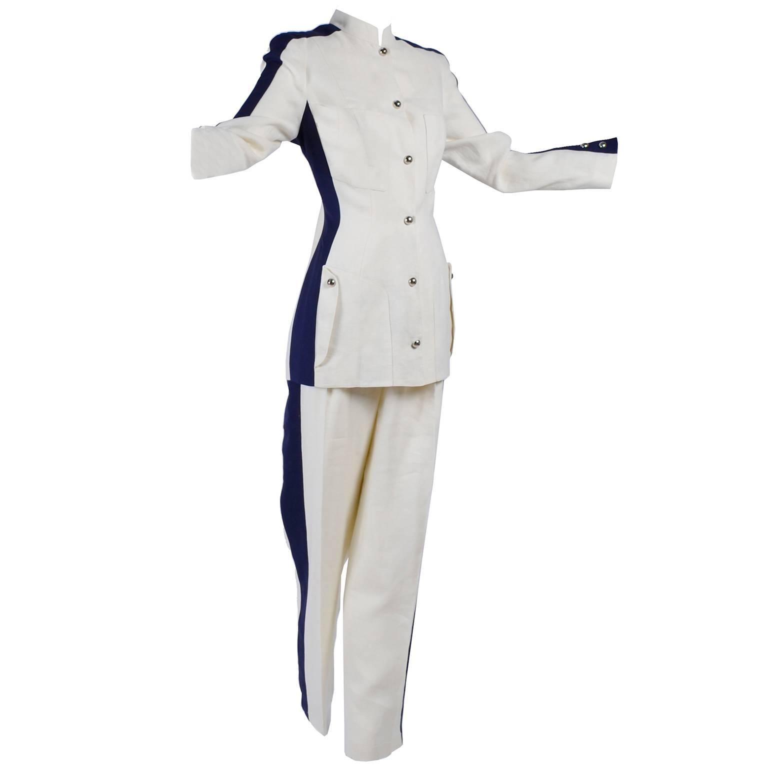 Thierry Mugler Vintage Pants Suit W Side Stripes Jacket & High Waist Trousers