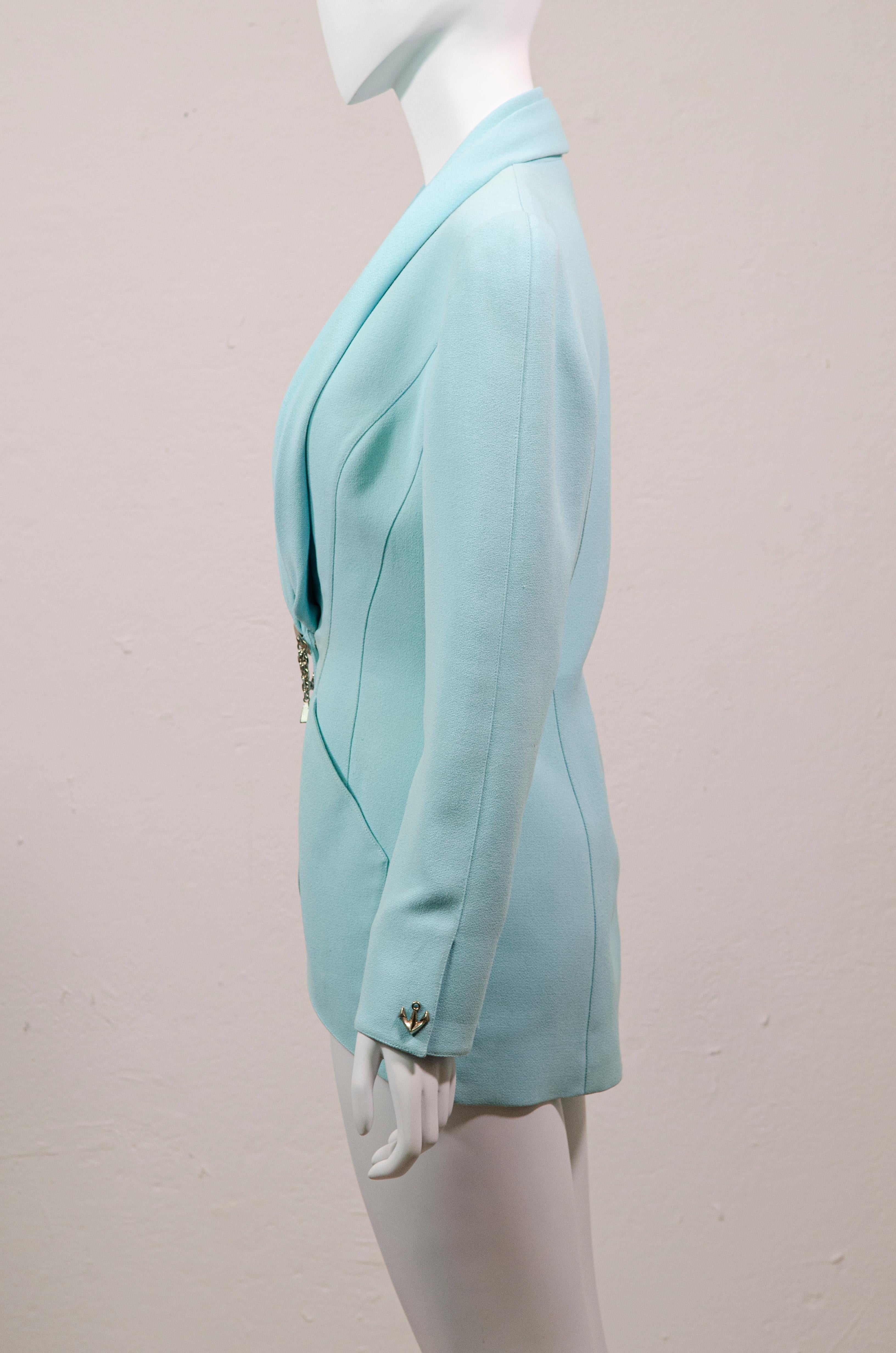 Women's Thierry Mugler Vintage Pastel Blue Jacket with Anchors Nautical Aquatic