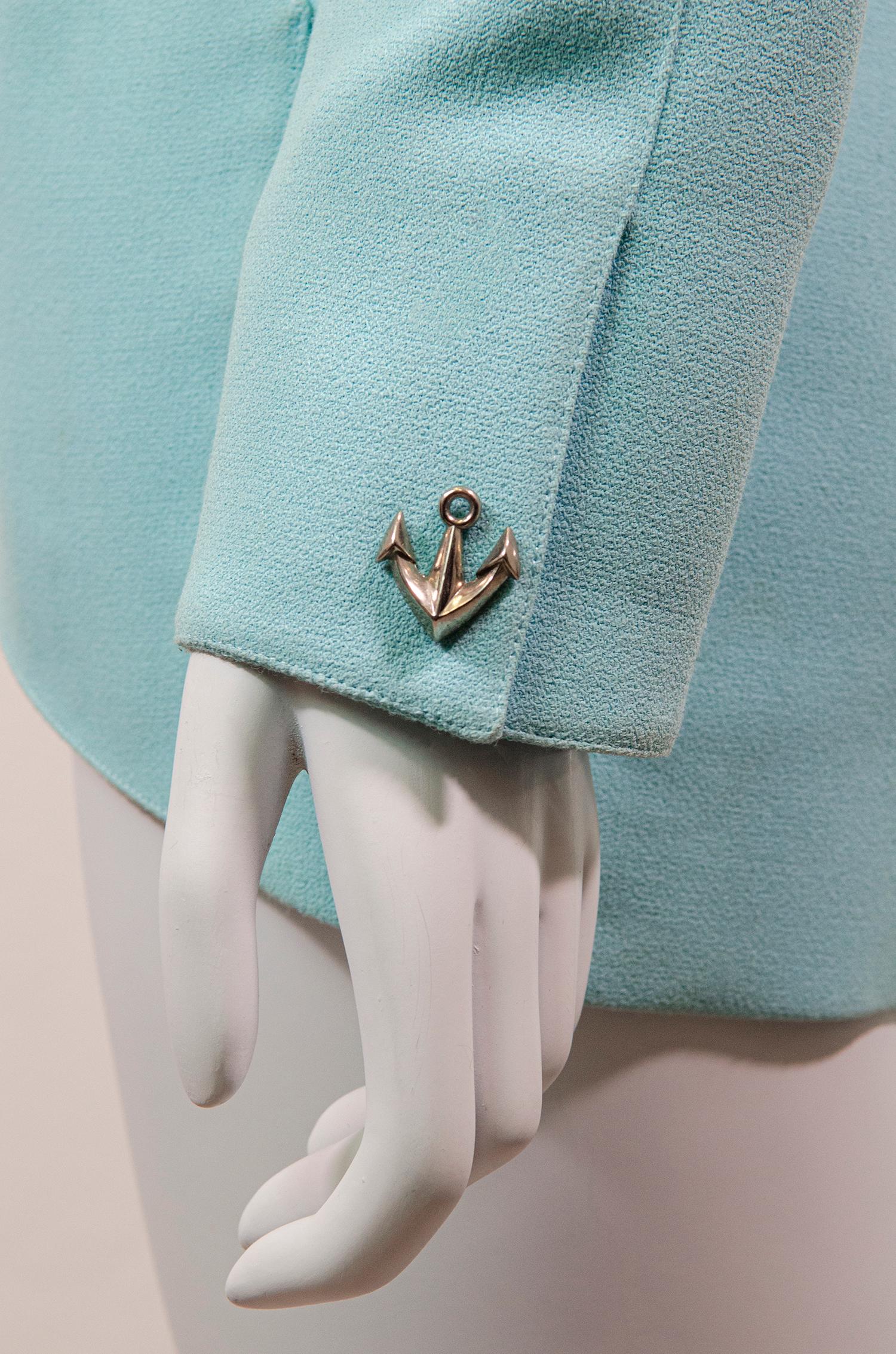 Thierry Mugler Vintage Pastel Blue Jacket with Anchors Nautical Aquatic 1
