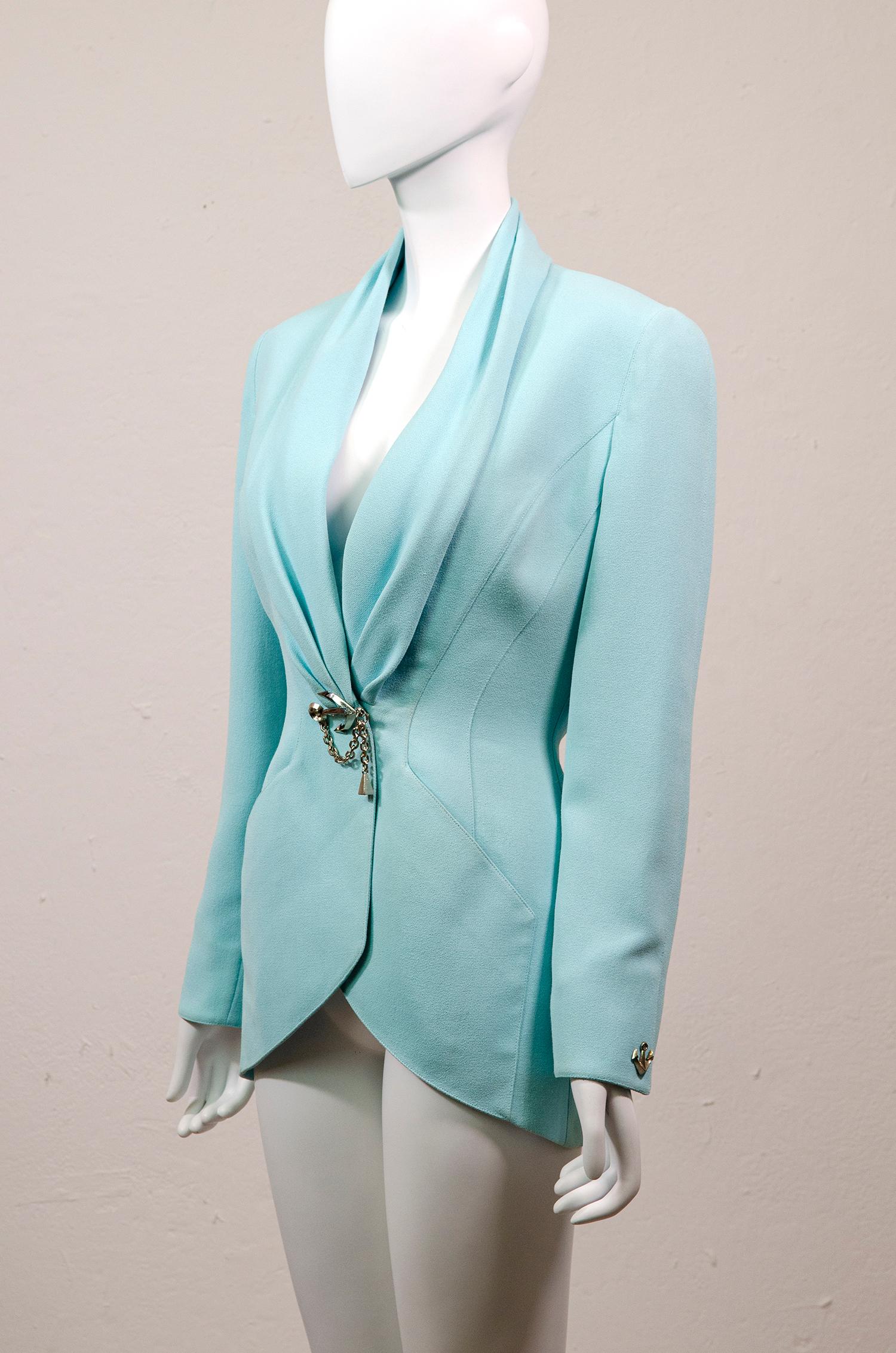 Thierry Mugler Vintage Pastel Blue Jacket with Anchors Nautical Aquatic 3