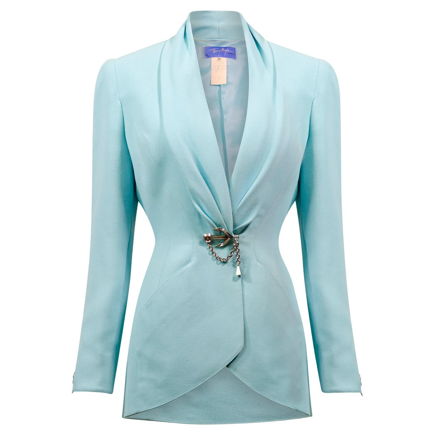 Thierry Mugler Vintage Pastel Blue Jacket with Anchors Nautical Aquatic