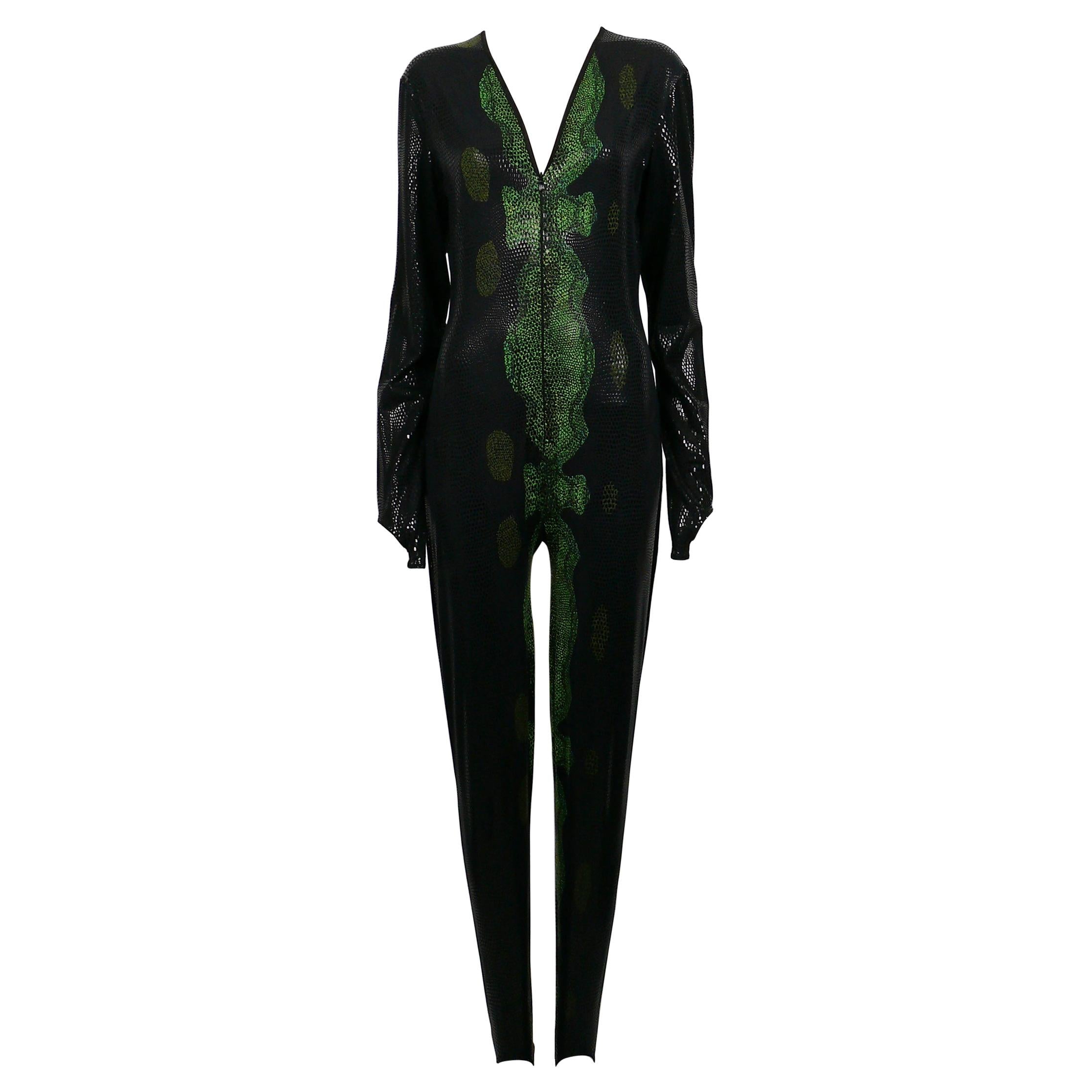 Thierry Mugler Vintage Rare 1998 Back and Green Reptile Skin Jumpsuit Size L