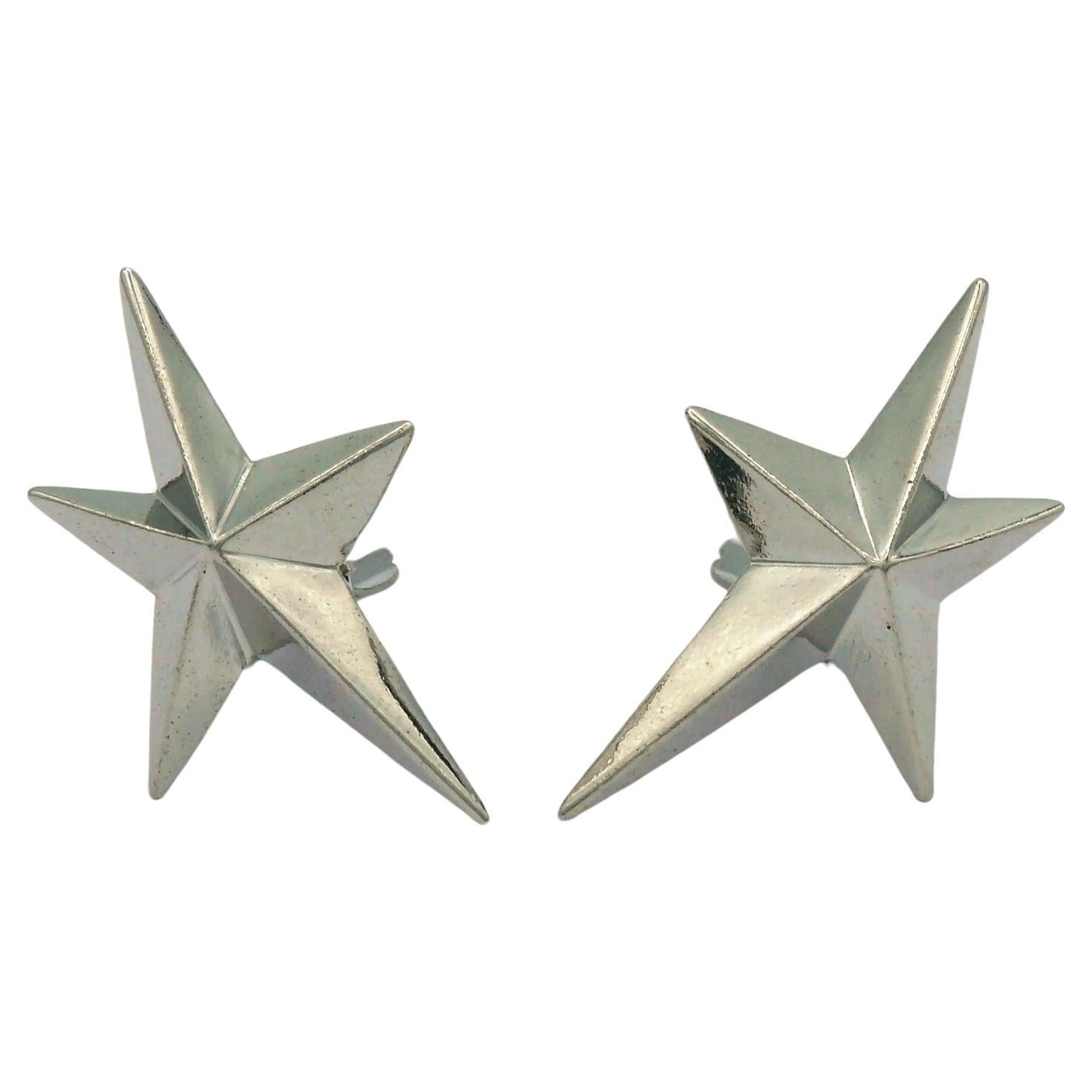 THIERRY MUGLER Vintage Silver Tone Iconic Star Clip-On Earrings