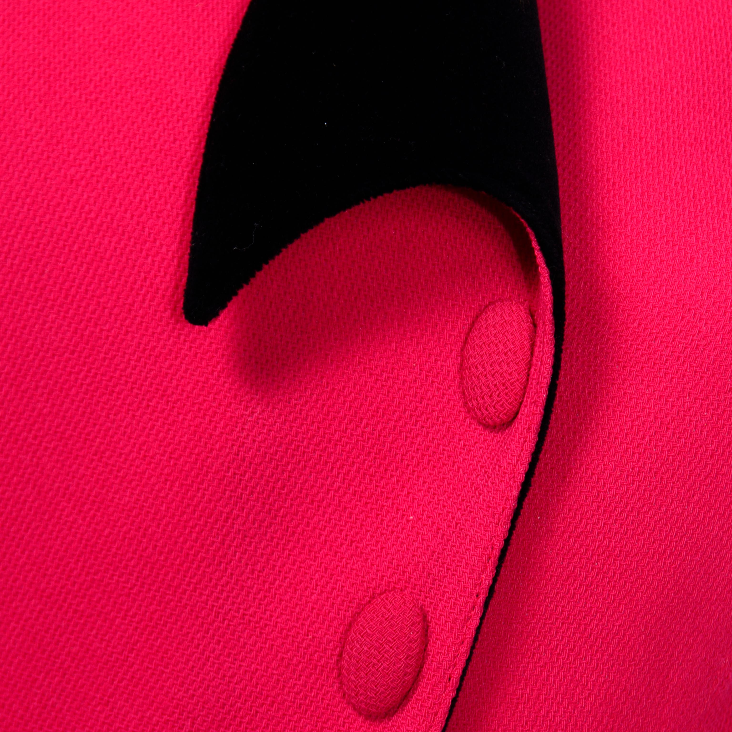 Thierry Mugler Vintage Strawberry Red Skirt & Blazer Suit w Black Velvet Trim For Sale 1