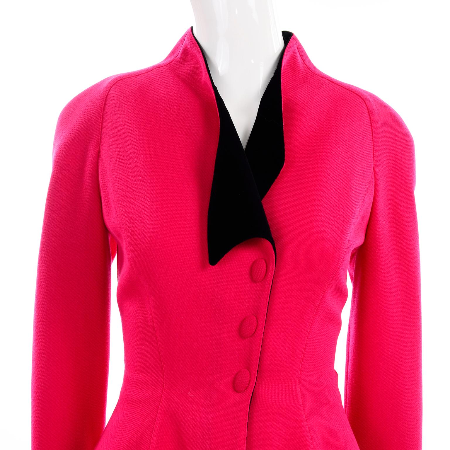 Women's Thierry Mugler Vintage Strawberry Red Skirt & Blazer Suit w Black Velvet Trim For Sale