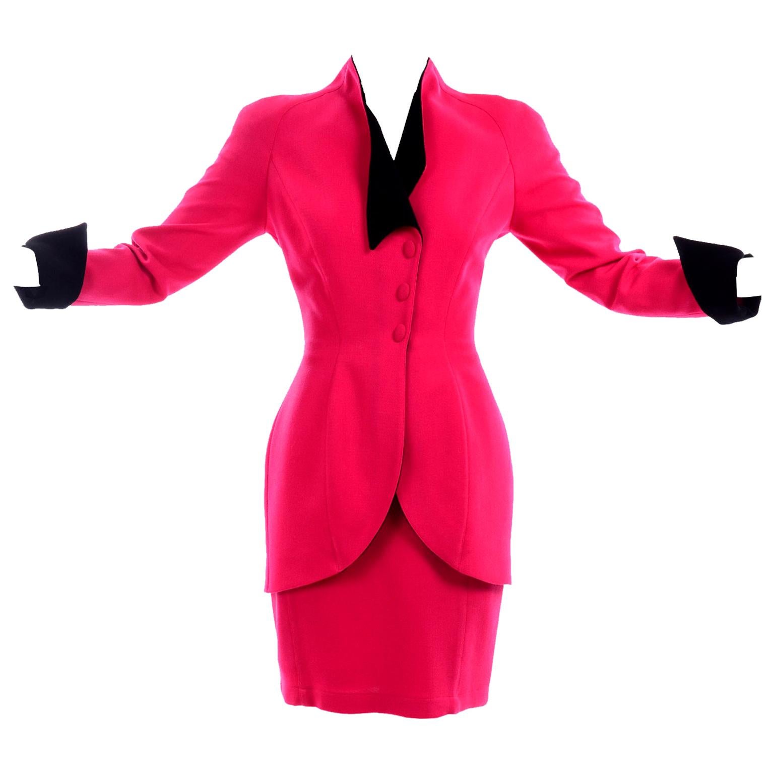 Thierry Mugler Vintage Strawberry Red Skirt & Blazer Suit w Black Velvet Trim For Sale 6