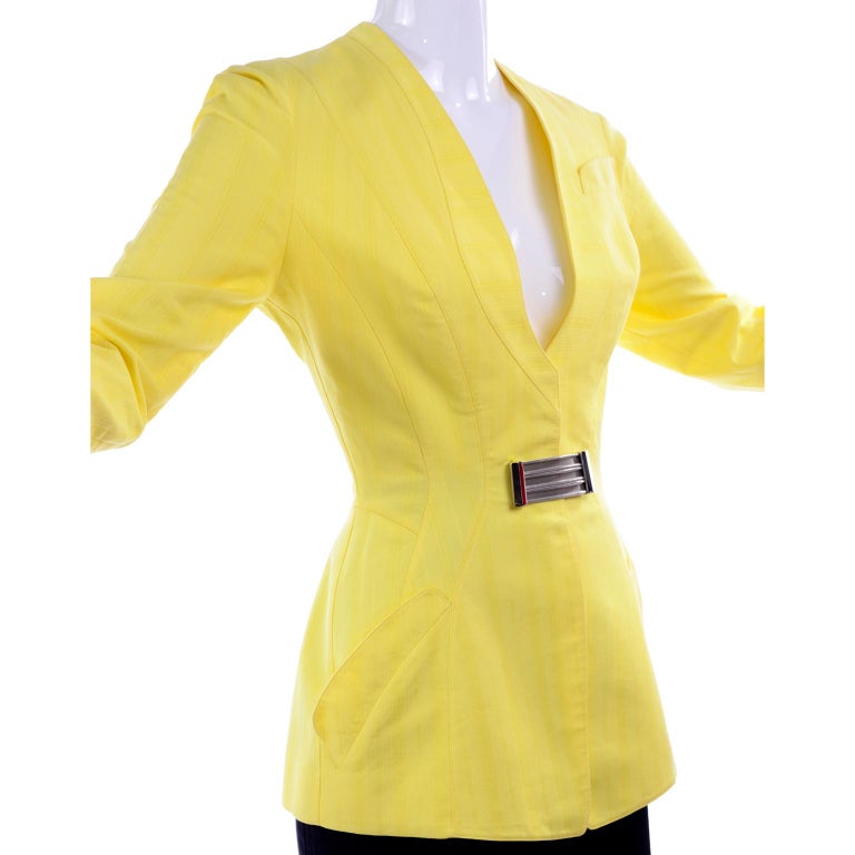 Thierry Mugler Vintage Yellow & Black Cotton Tonal Striped Skirt Suit Size 38 For Sale 7