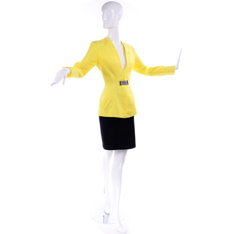 Thierry Mugler Vintage Yellow & Black Cotton Tonal Striped Skirt Suit Size 38 In Excellent Condition For Sale In Portland, OR