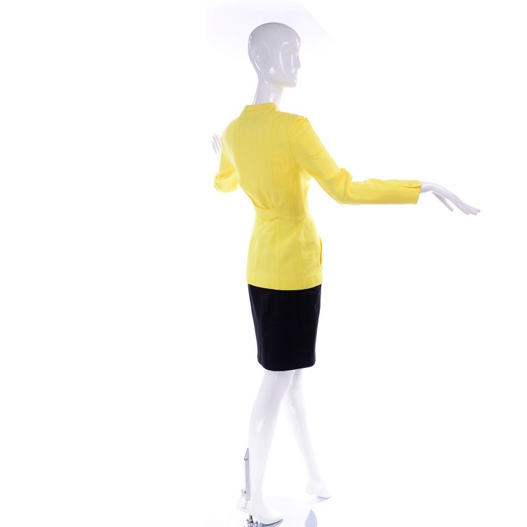 Women's Thierry Mugler Vintage Yellow & Black Cotton Tonal Striped Skirt Suit Size 38 For Sale