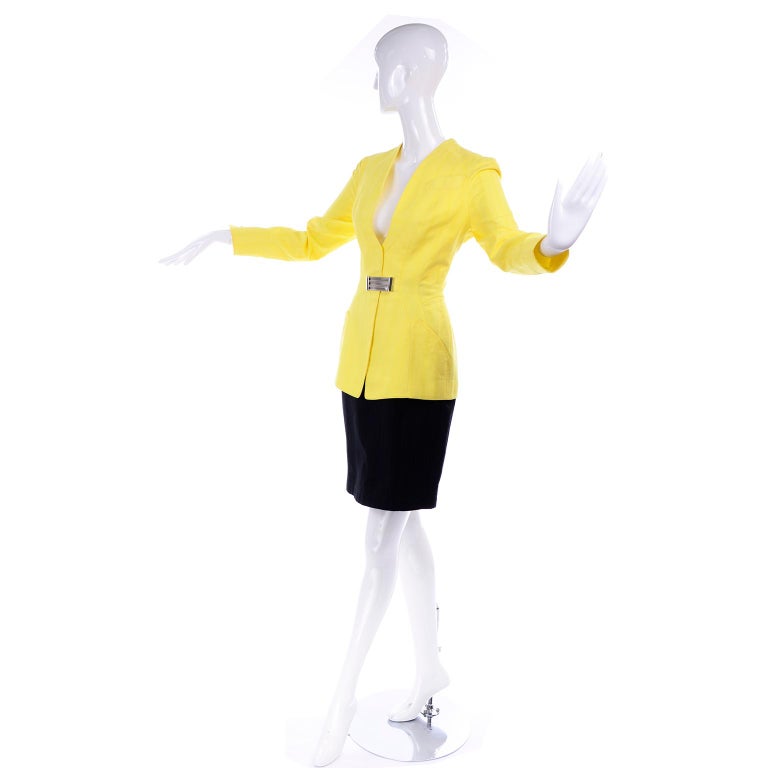 Thierry Mugler Vintage Yellow & Black Cotton Tonal Striped Skirt Suit Size 38 For Sale 4