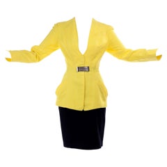 Thierry Mugler Vintage Yellow & Black Cotton Tonal Striped Skirt Suit Size 38