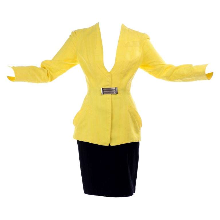 Thierry Mugler Vintage Yellow & Black Cotton Tonal Striped Skirt Suit Size 38 For Sale