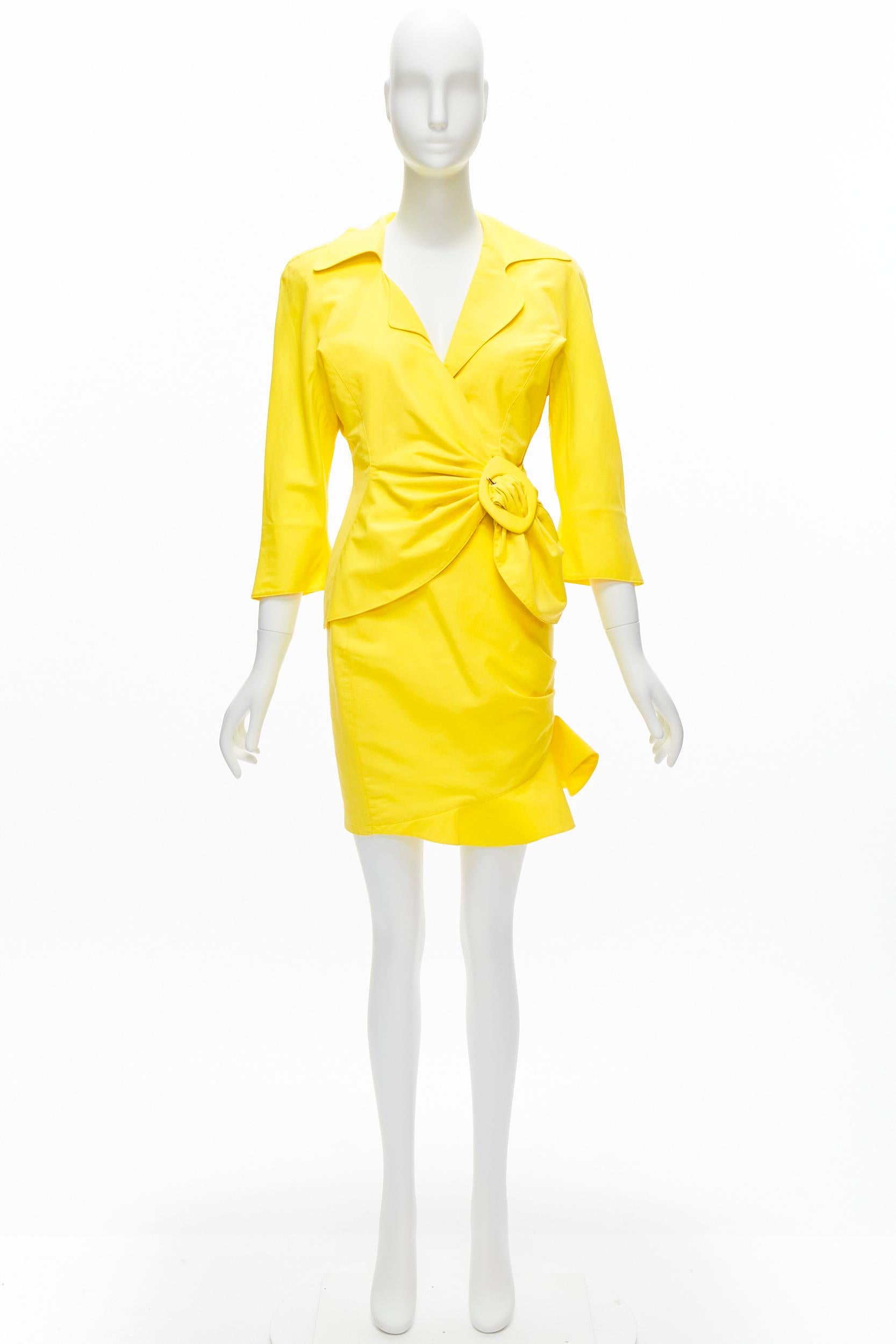 THIERRY MUGLER Vintage yellow wrap front vampire collar ruffle skirt suit IT7AR 9