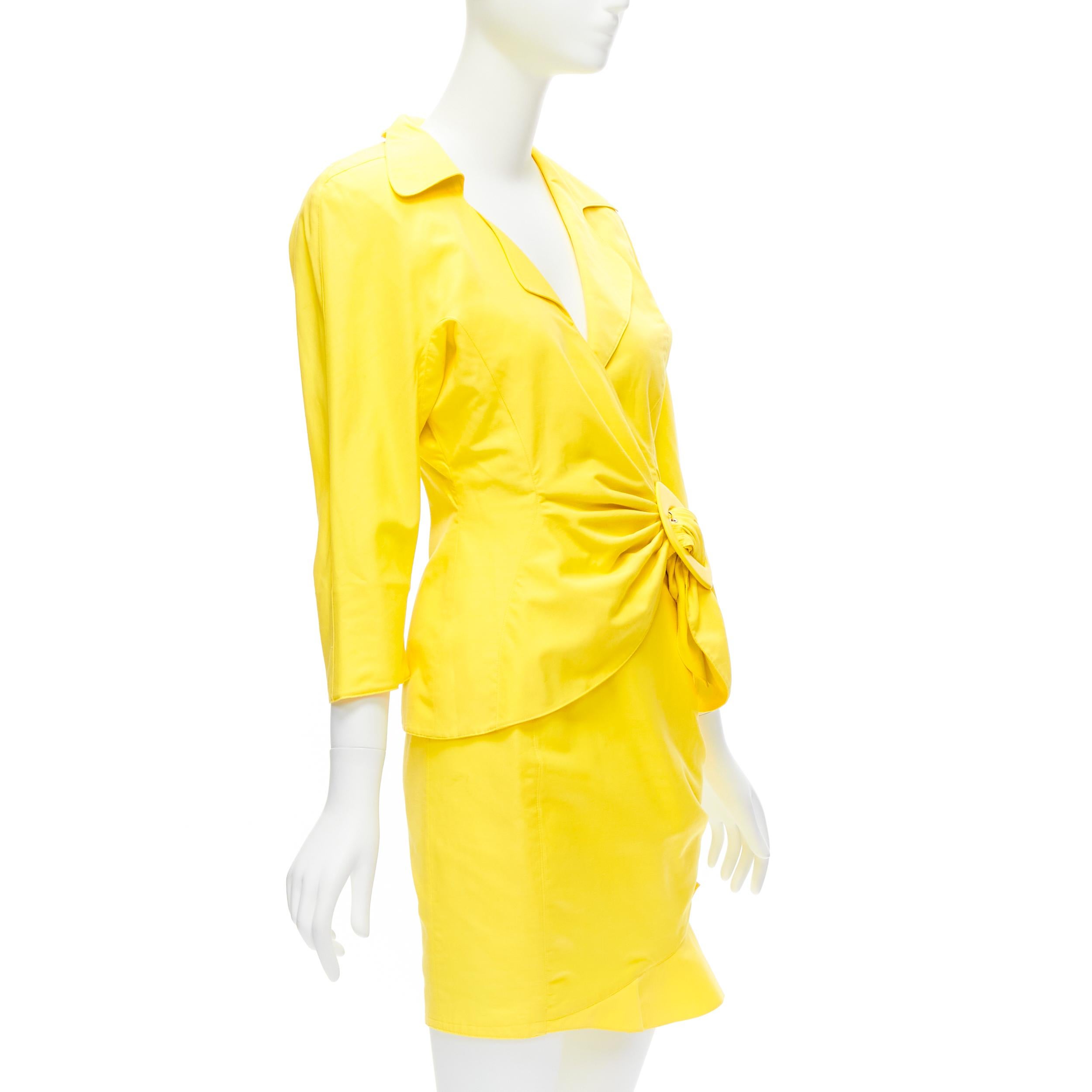 Yellow THIERRY MUGLER Vintage yellow wrap front vampire collar ruffle skirt suit IT7AR