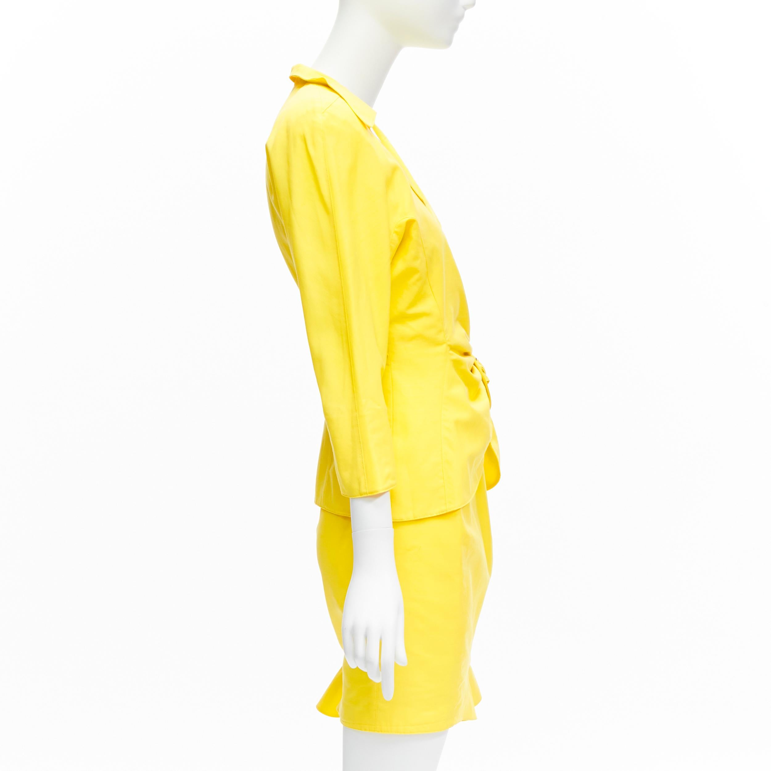 THIERRY MUGLER Vintage yellow wrap front vampire collar ruffle skirt suit IT7AR In Good Condition In Hong Kong, NT