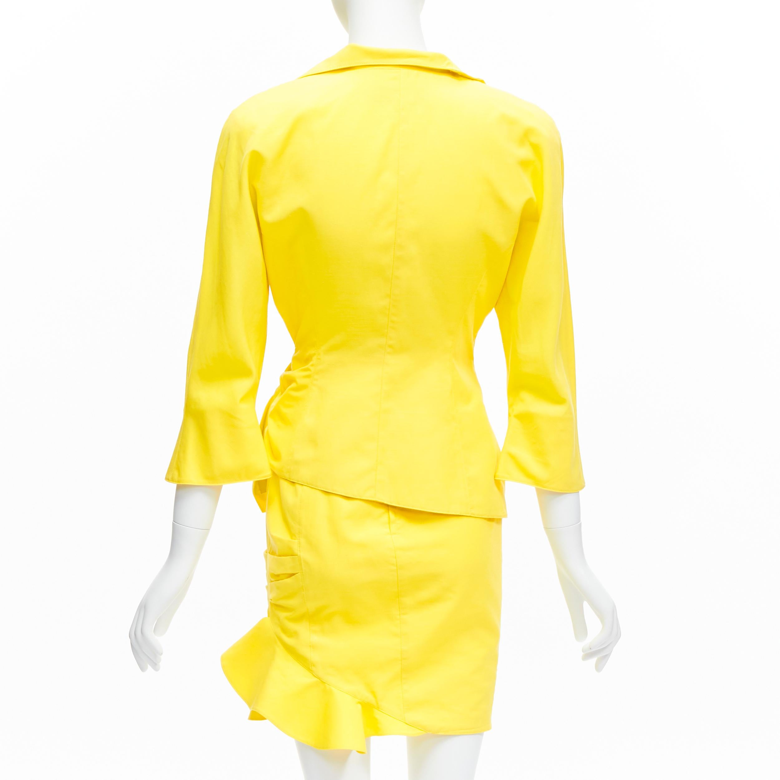 Women's THIERRY MUGLER Vintage yellow wrap front vampire collar ruffle skirt suit IT7AR