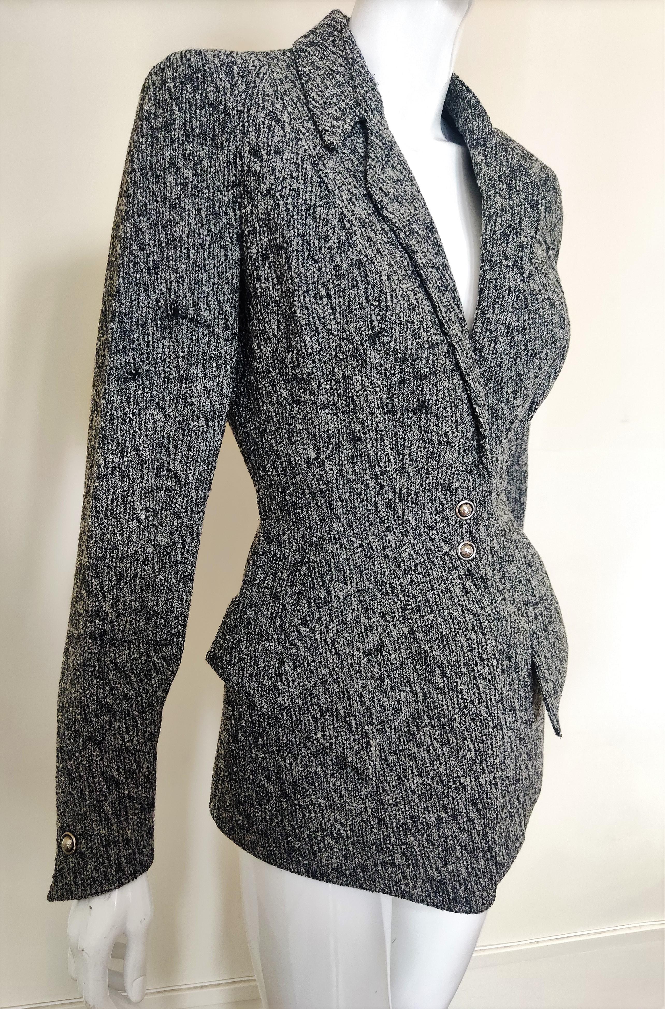 Thierry Mugler Wasp Waist Bee Motorcycle 90s Gray Grey Vintage Blazer Jacket In Excellent Condition In PARIS, FR