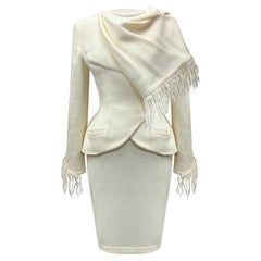 THIERRY MUGLER VINTAGE WHITE FRINGED SUIT with SCARF Size S