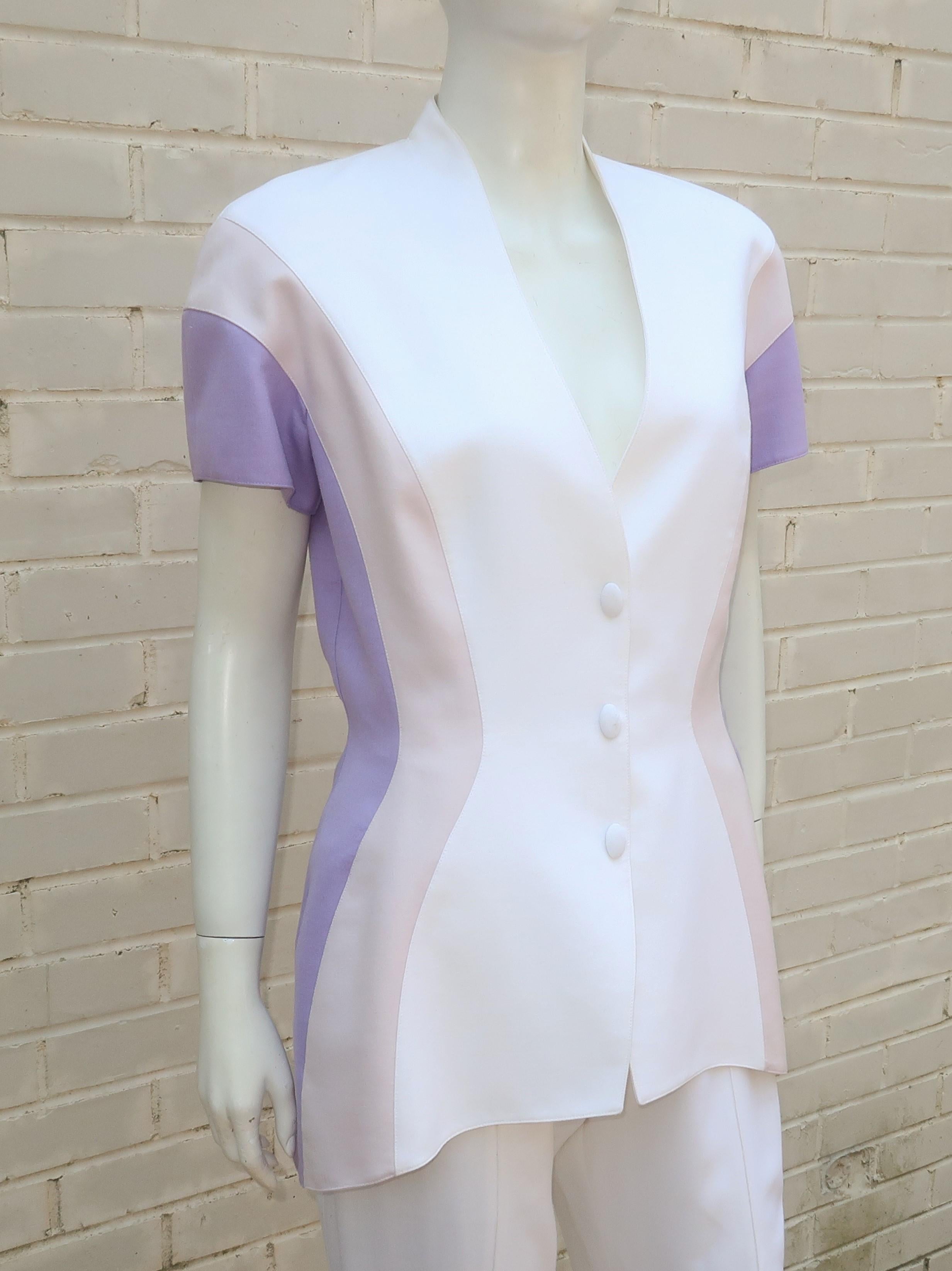 Women's Thierry Mugler White & Purple Linen Pant Suit, 1980's