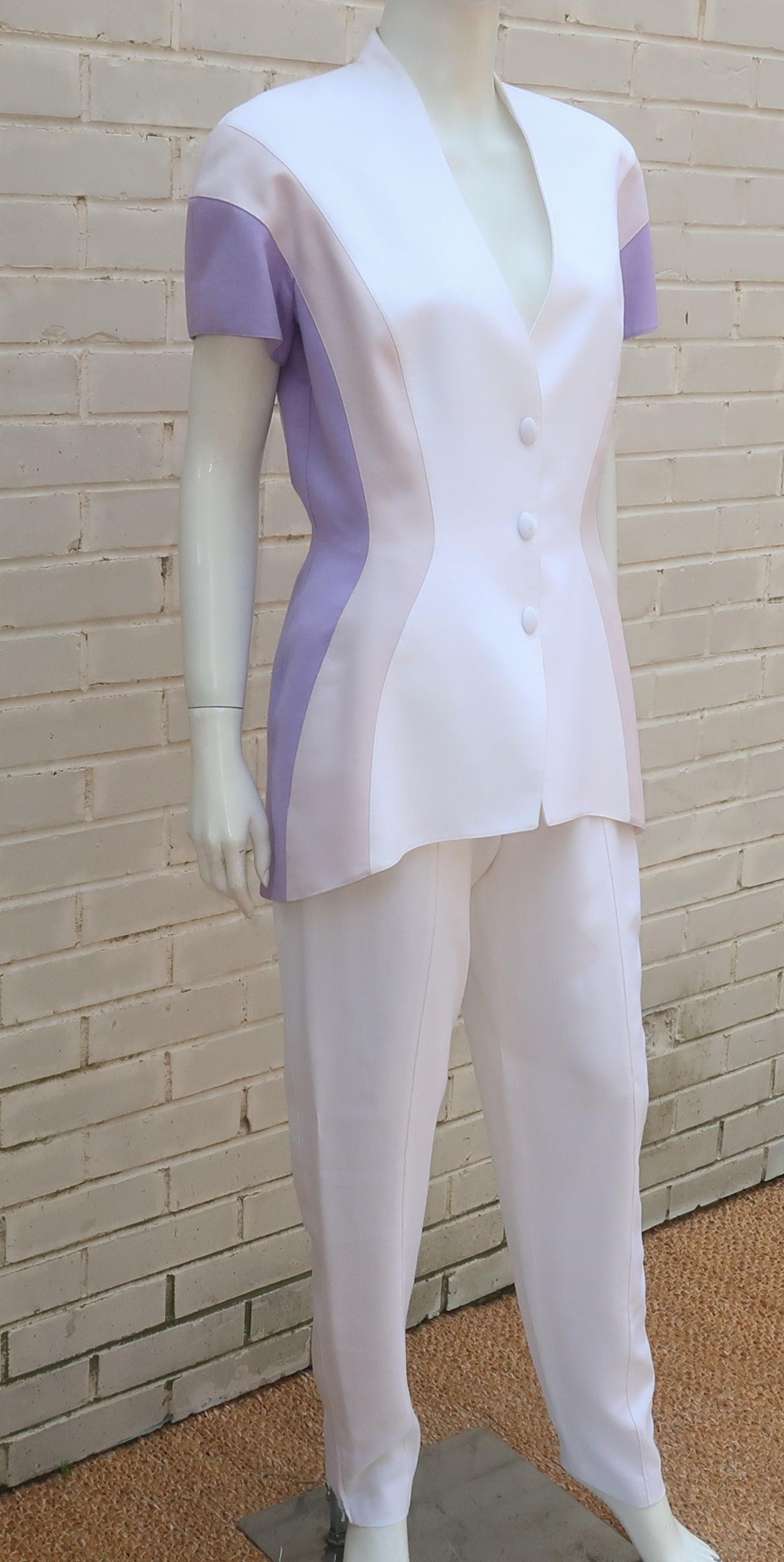 Thierry Mugler White & Purple Linen Pant Suit, 1980's 1