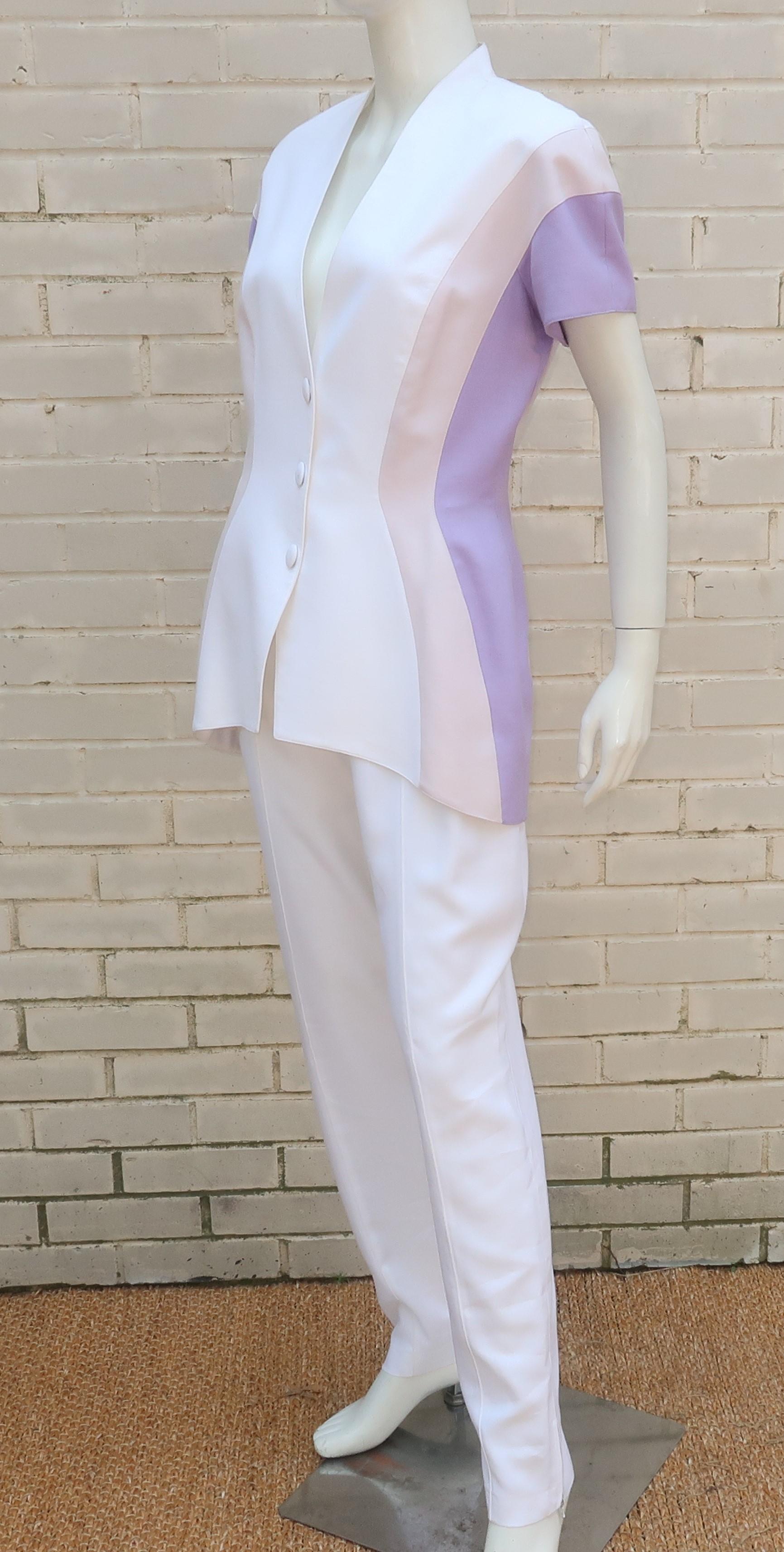 Thierry Mugler White & Purple Linen Pant Suit, 1980's 2