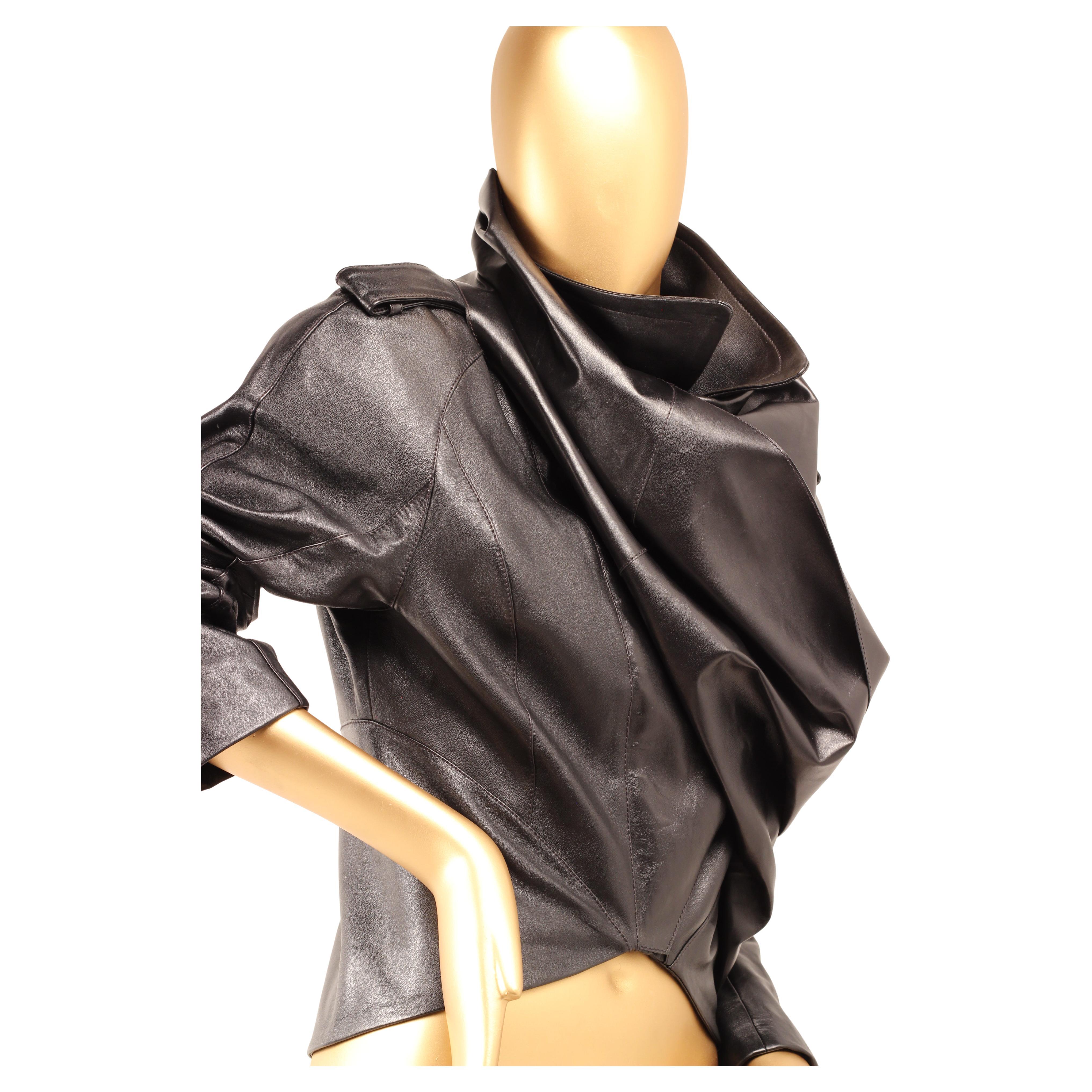 Thierry Mugler x H&M Black Leather Cropped Jacket with Scarf - 2023 For Sale 1